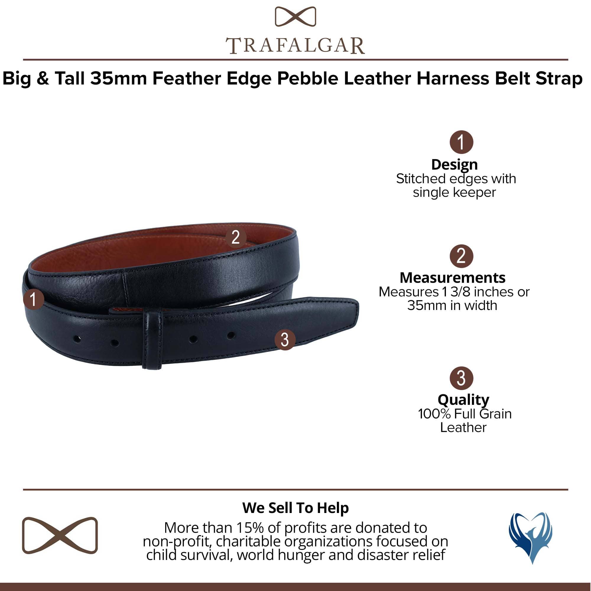 Trafalgar Men's Big & Tall Feather Edge Leather No Buckle Belt Strap - Black