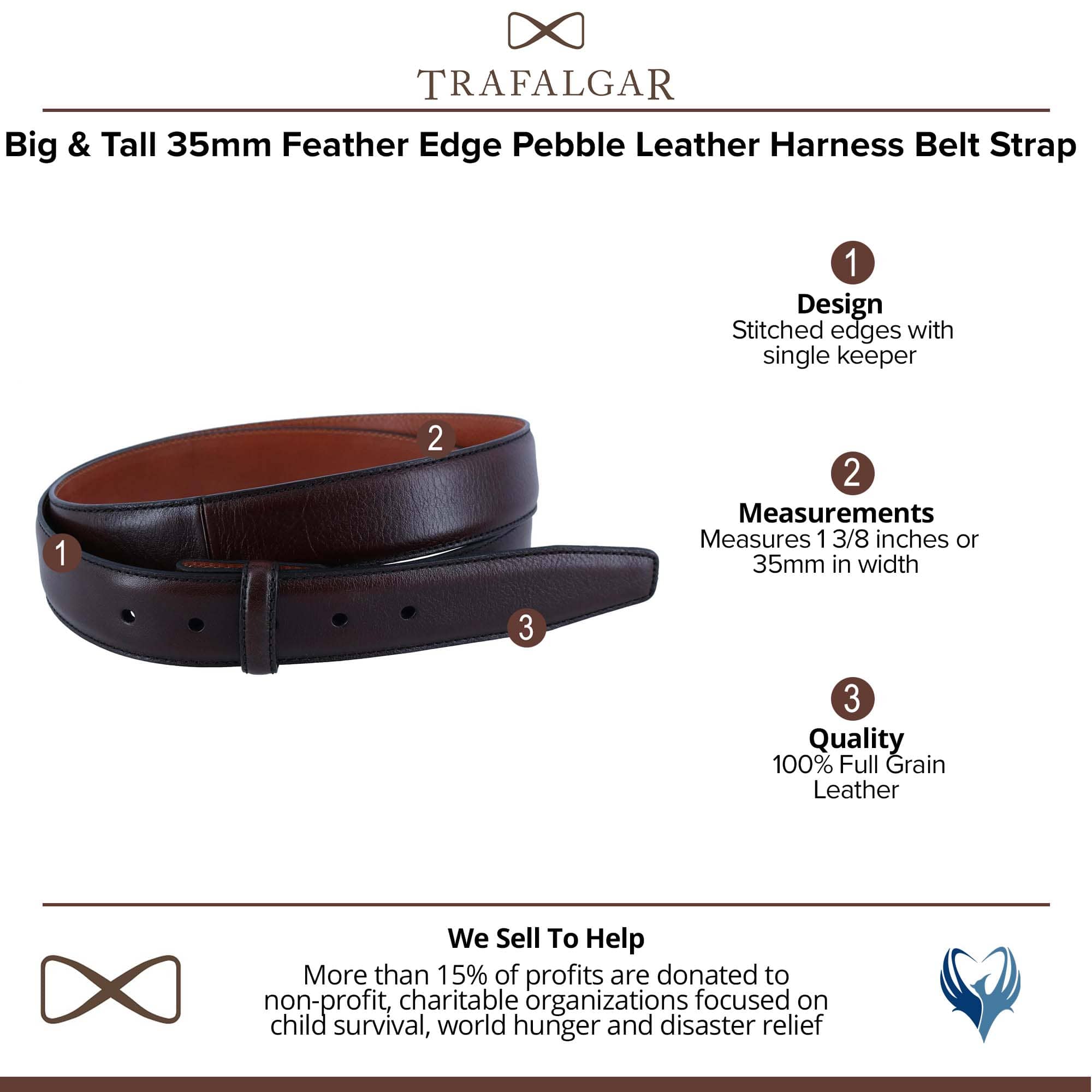 Trafalgar Men's Big & Tall Feather Edge Leather No Buckle Belt Strap - Brown