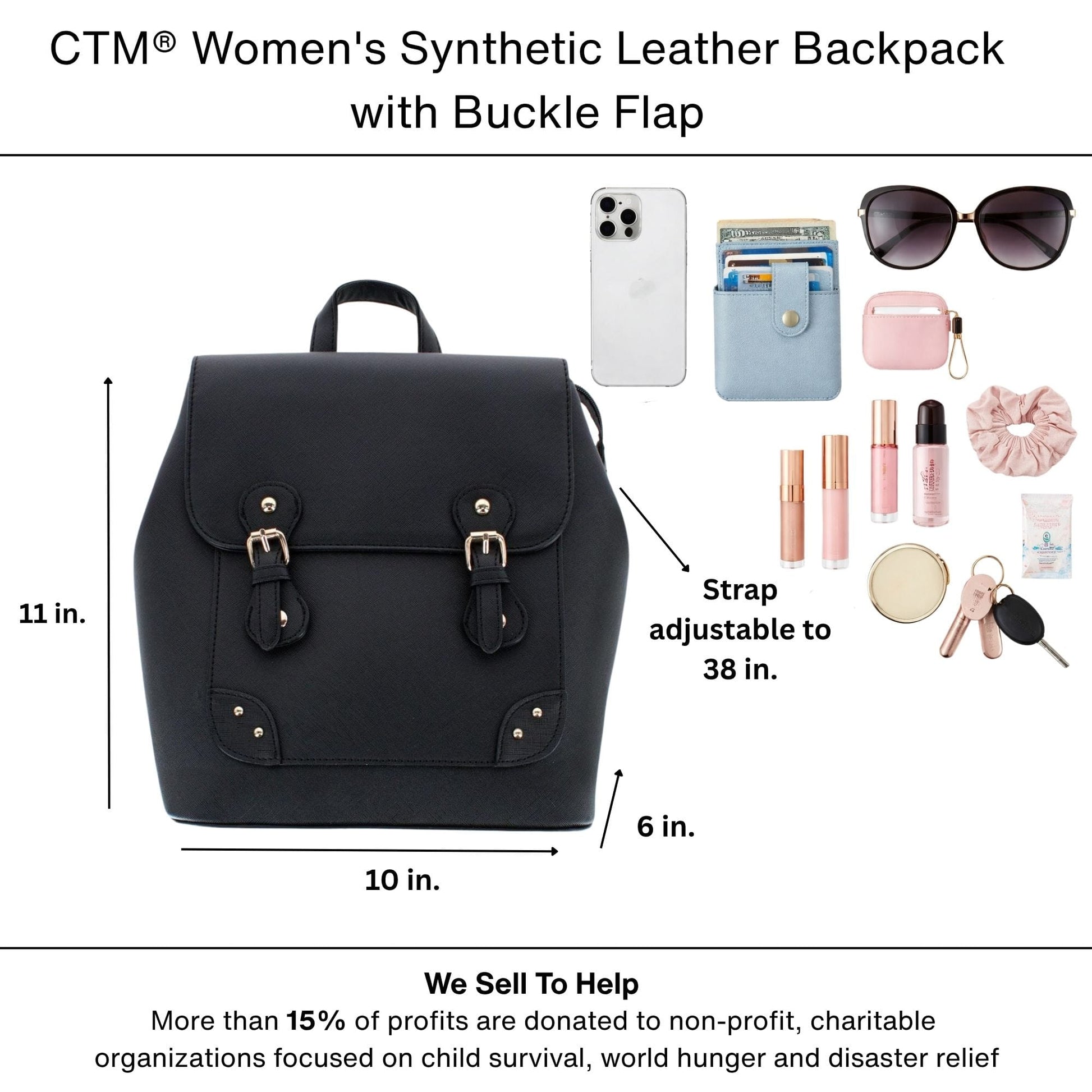 CTM® Women's Synthetic Leather Backpack with Buckle Flap - Black