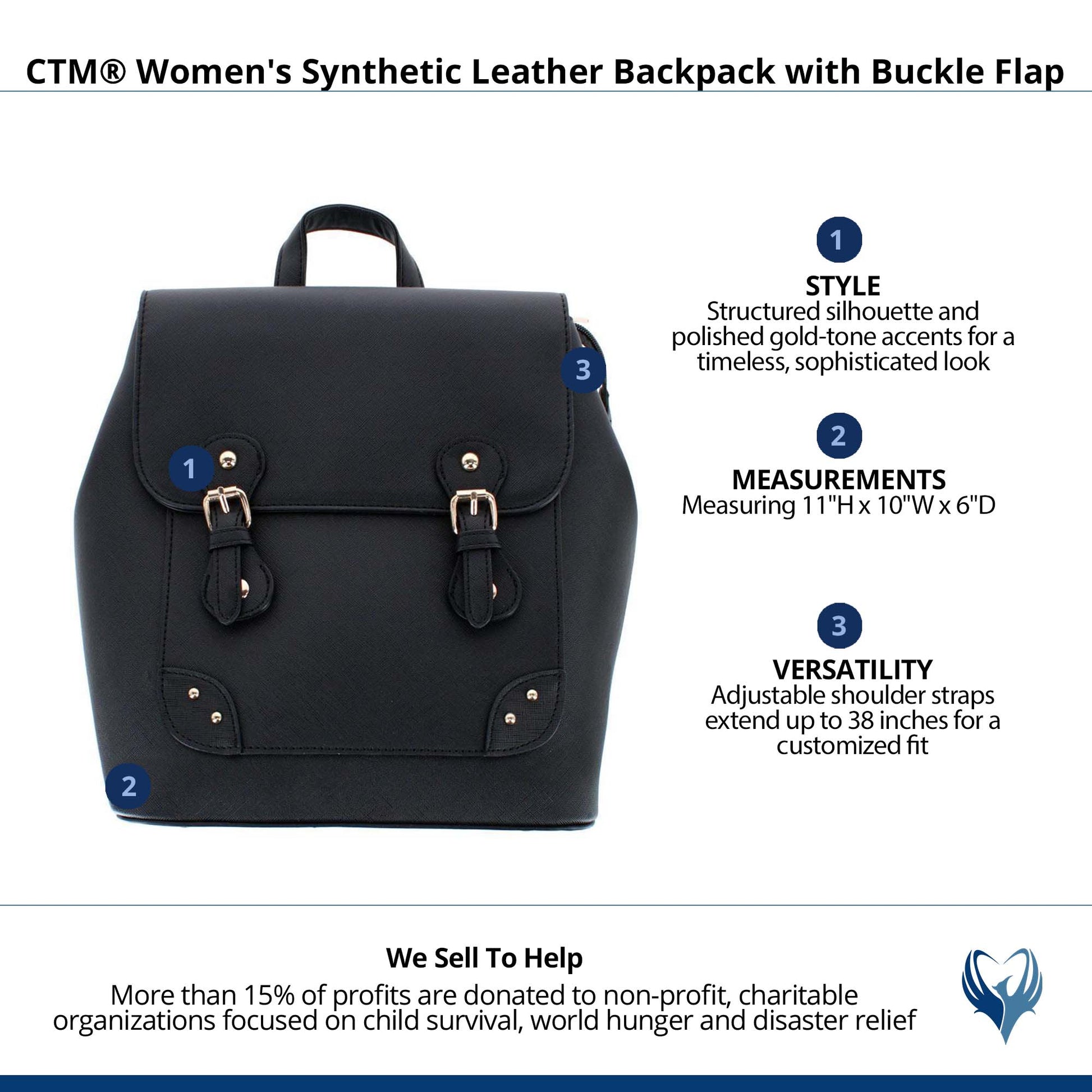 CTM® Women's Synthetic Leather Backpack with Buckle Flap - Black