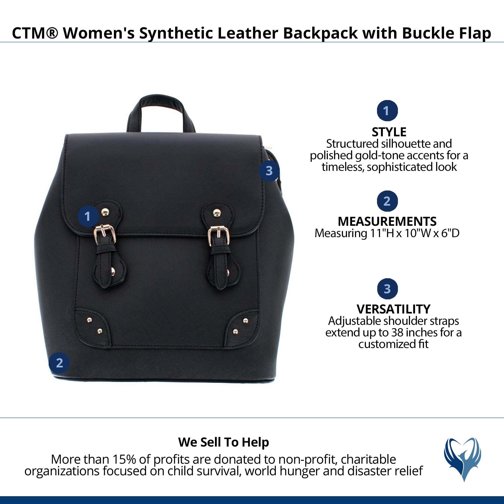 CTM® Women's Synthetic Leather Backpack with Buckle Flap - Black