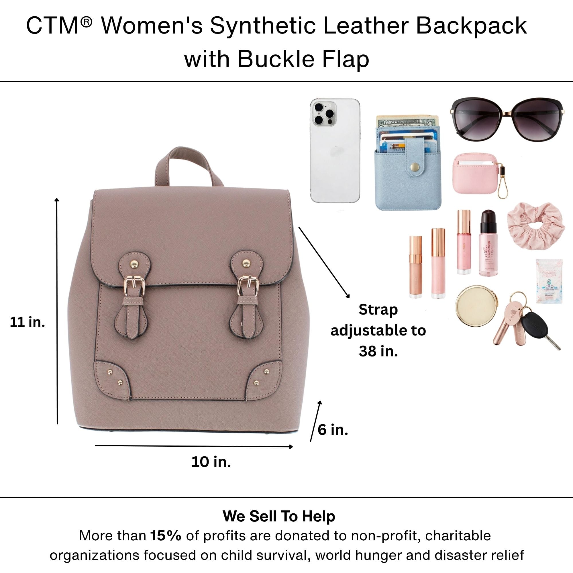 CTM® Women's Synthetic Leather Backpack with Buckle Flap - Taupe