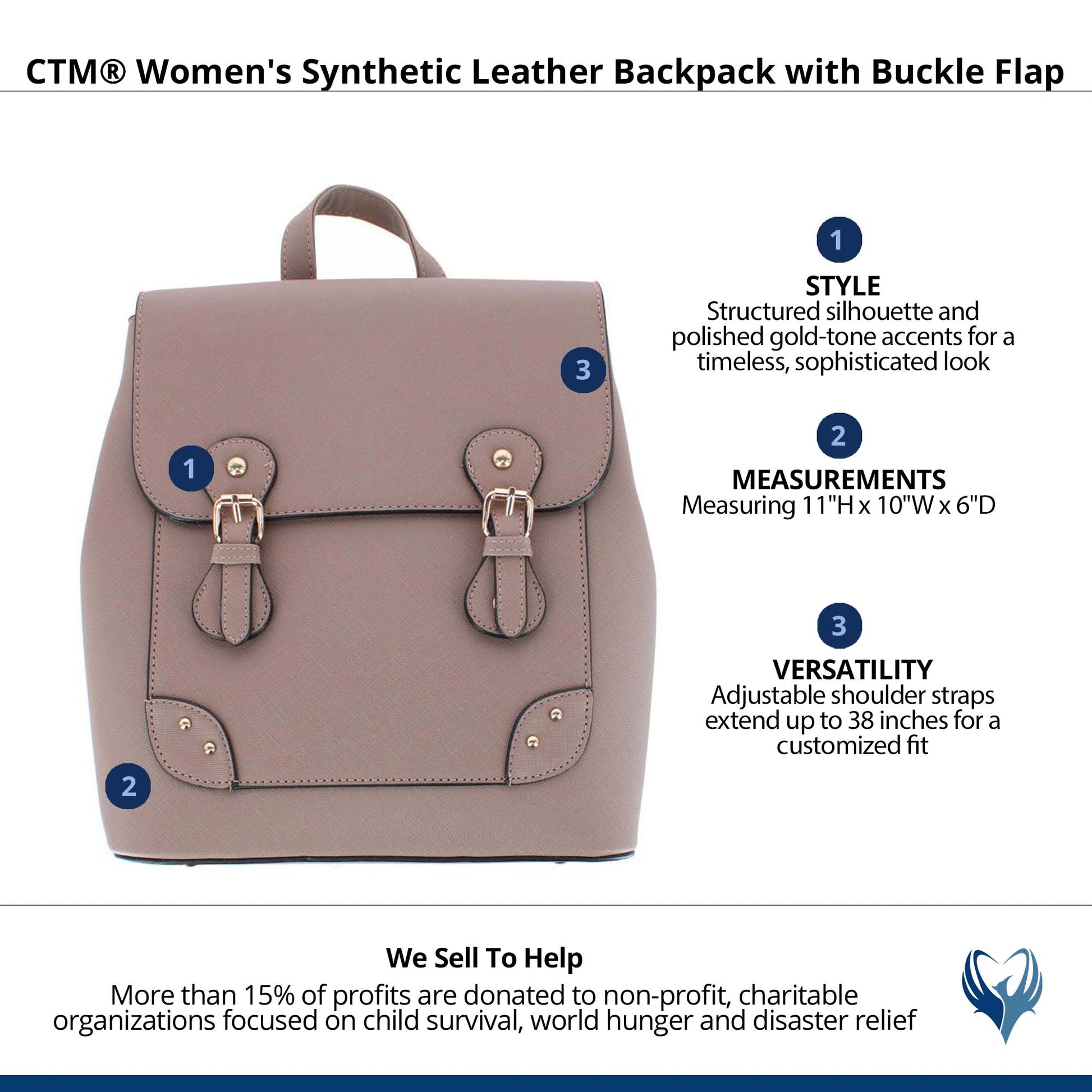 CTM® Women's Synthetic Leather Backpack with Buckle Flap - Taupe