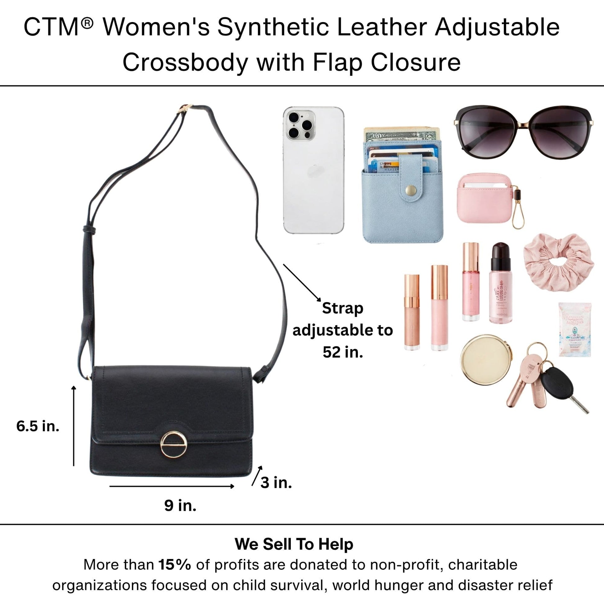 CTM® Women's Synthetic Leather Adjustable Crossbody with Flap Closure - Black