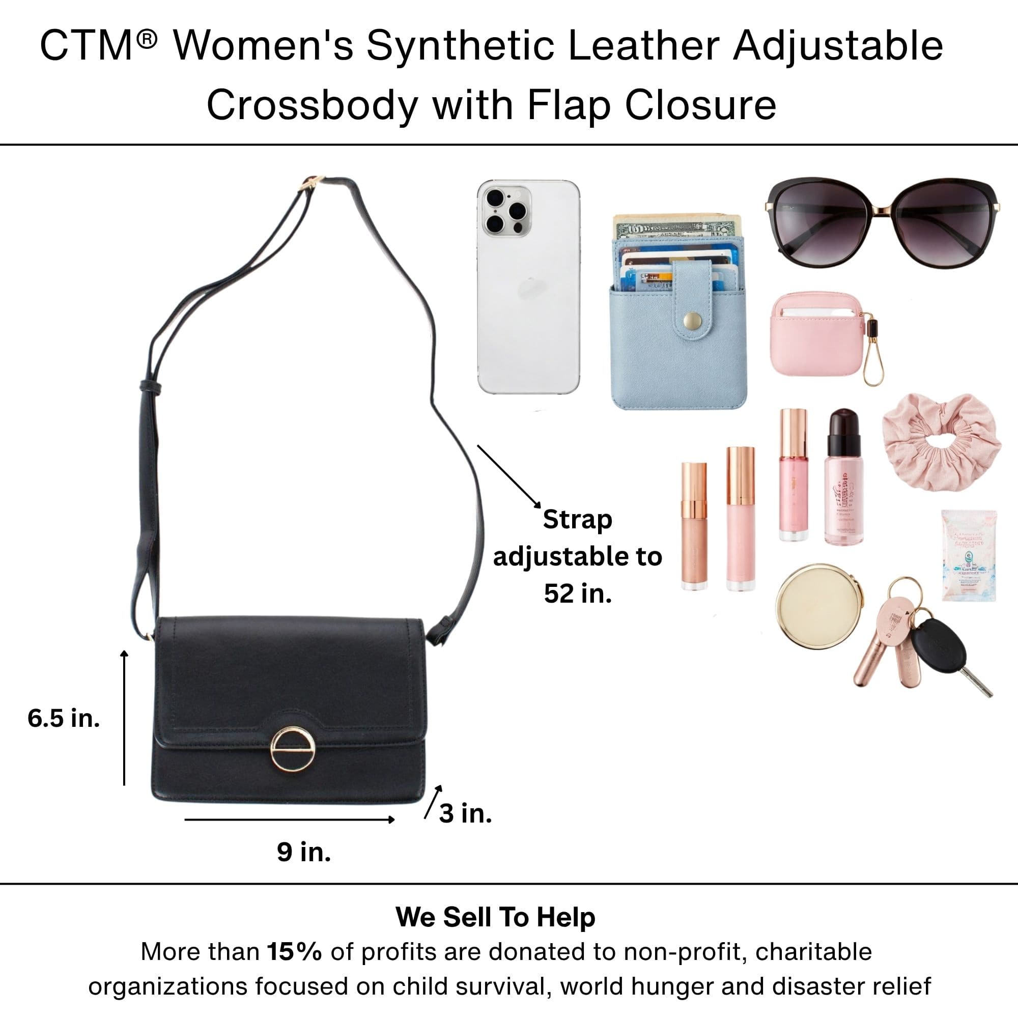 CTM® Women's Synthetic Leather Adjustable Crossbody with Flap Closure - Black