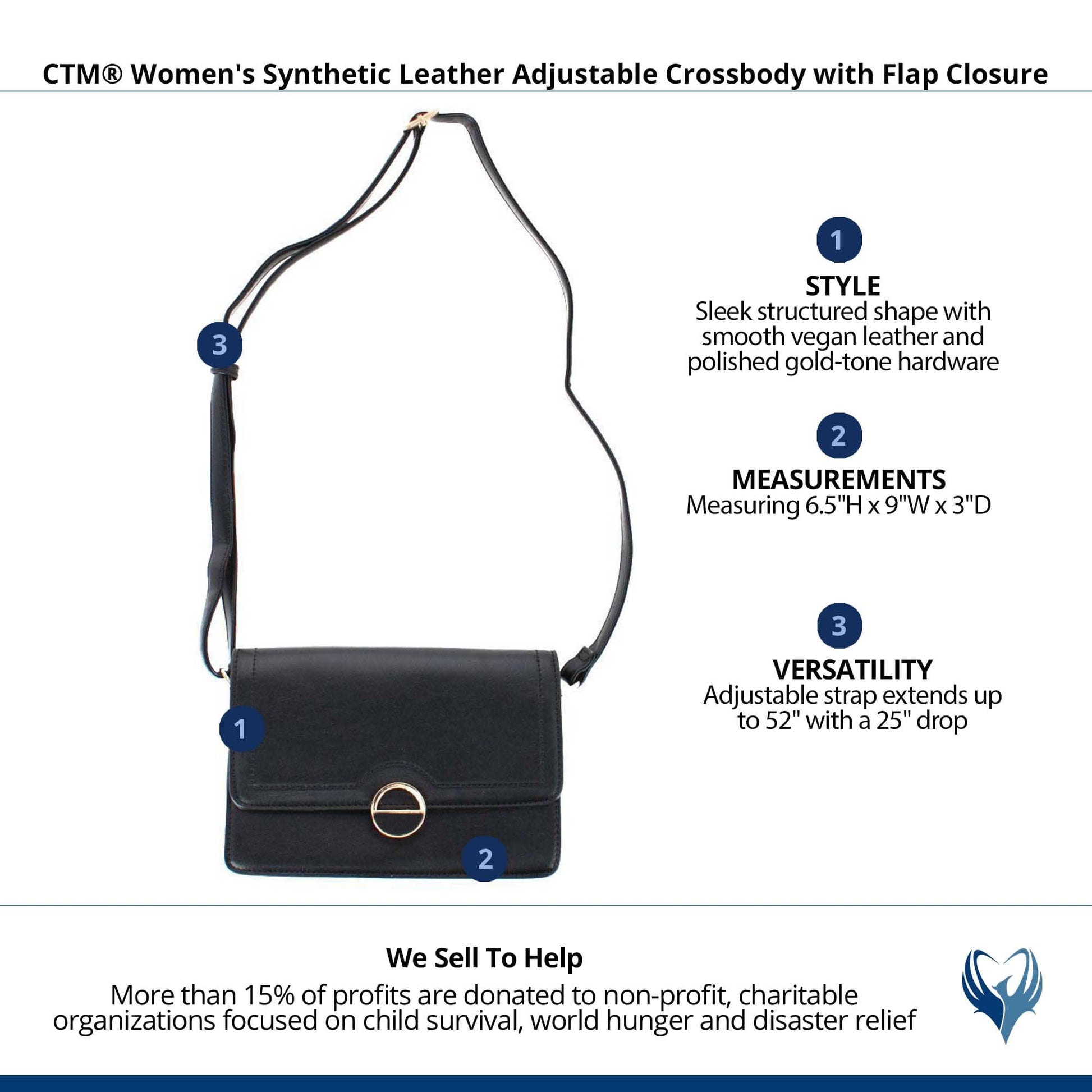 CTM® Women's Synthetic Leather Adjustable Crossbody with Flap Closure - Black