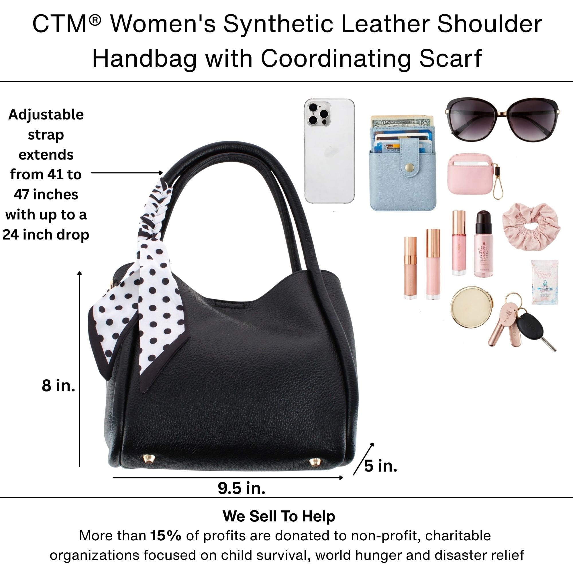 CTM® Women's Synthetic Leather Shoulder Handbag with Coordinating Scarf - Black