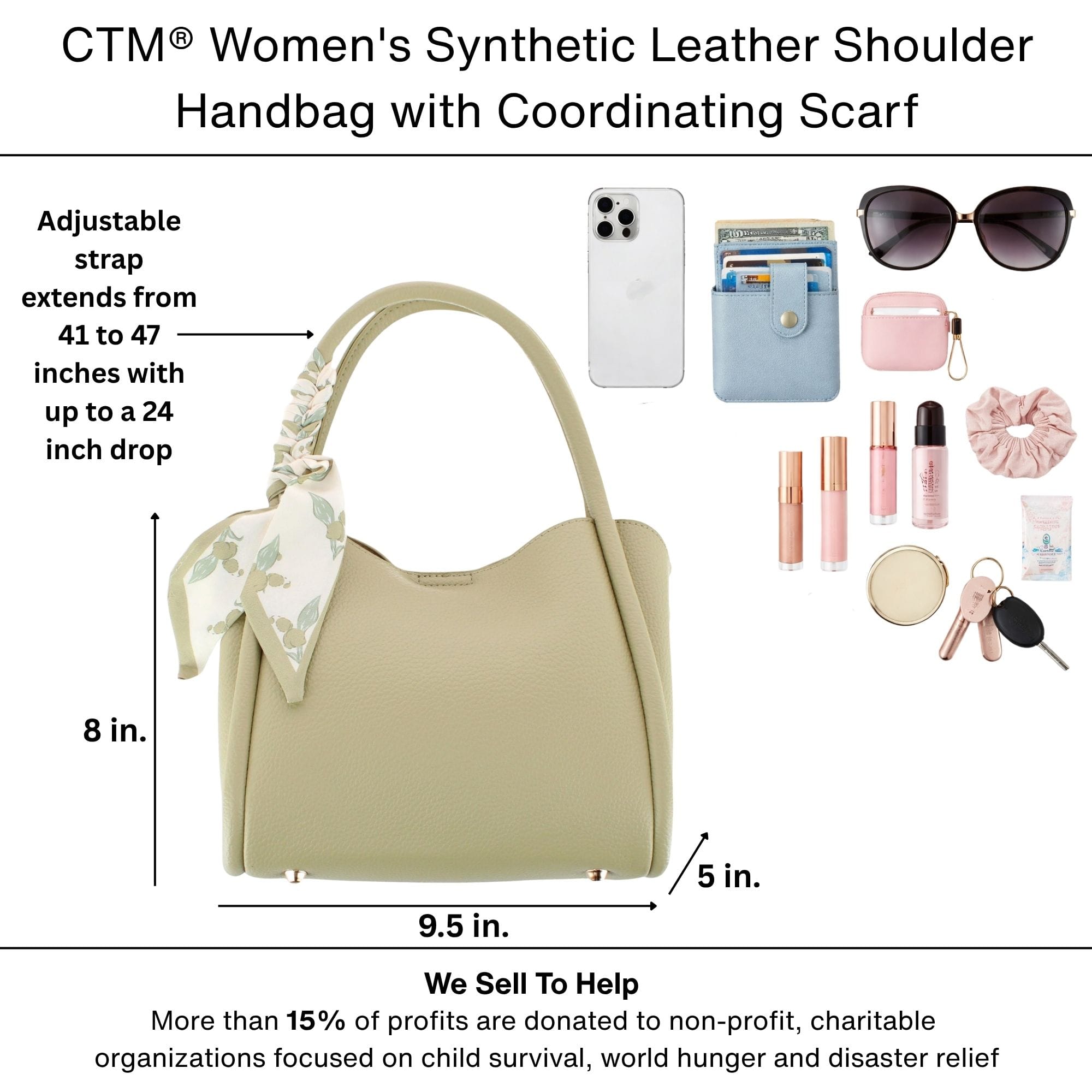 CTM® Women's Synthetic Leather Shoulder Handbag with Coordinating Scarf - Sage Green