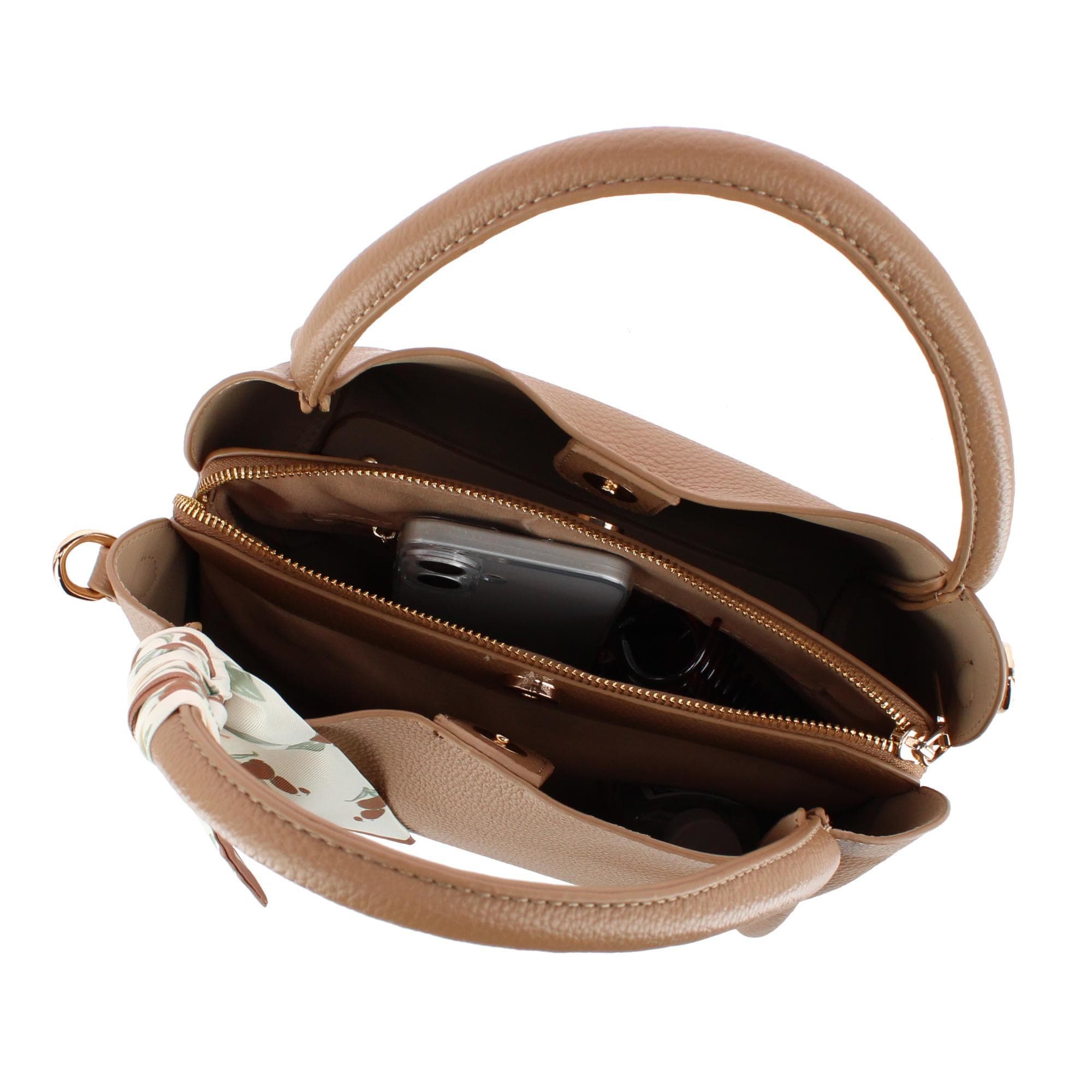 CTM® Women's Synthetic Leather Shoulder Handbag with Coordinating Scarf - Tan