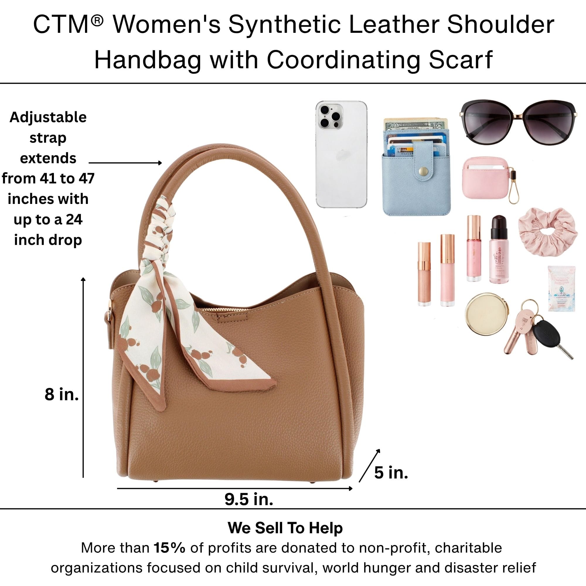 CTM® Women's Synthetic Leather Shoulder Handbag with Coordinating Scarf - Tan