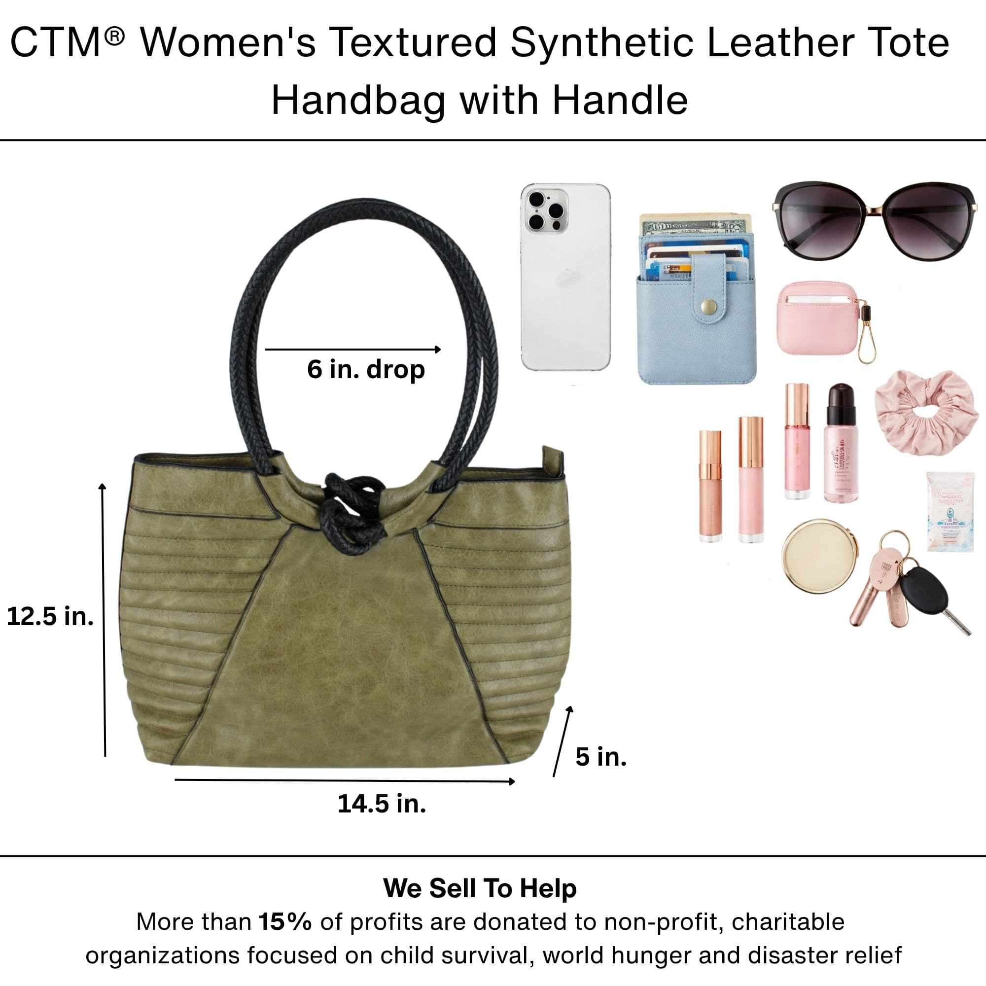 CTM® Women's Textured Synthetic Leather Tote Handbag with Handle - Olive