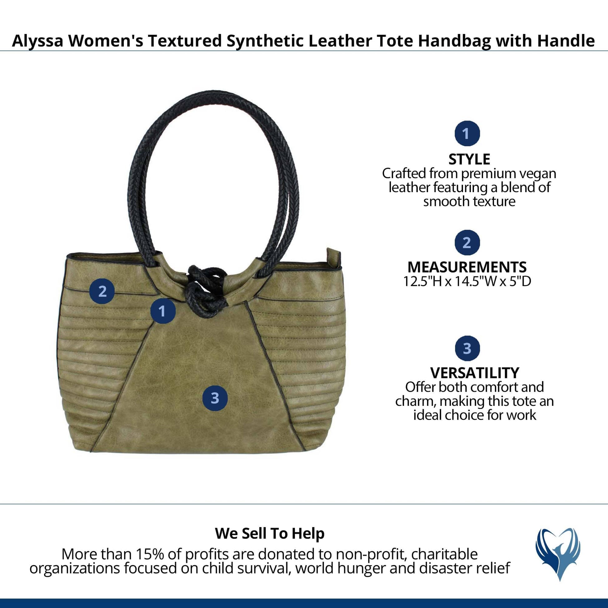 CTM® Women's Textured Synthetic Leather Tote Handbag with Handle - Olive