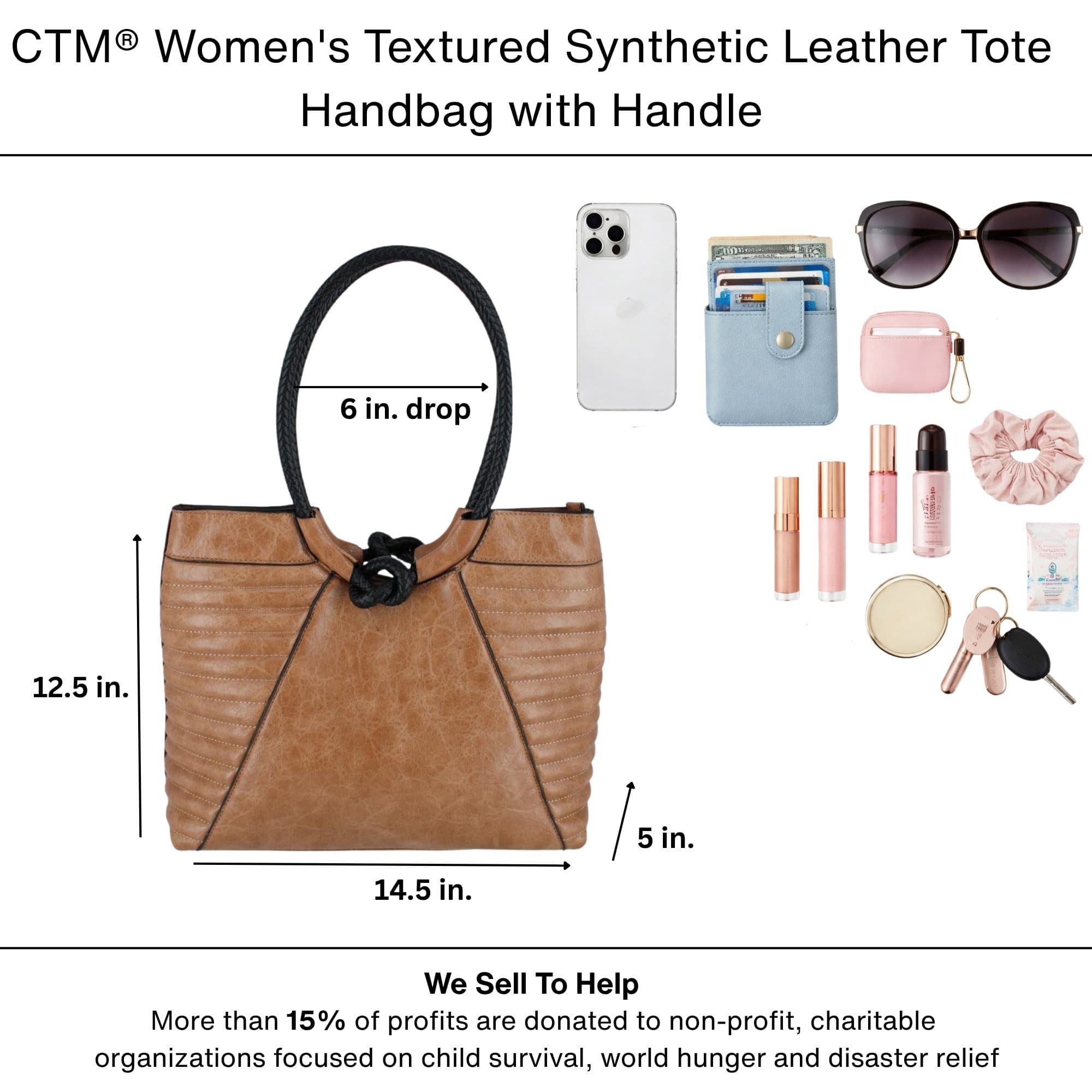 CTM® Women's Textured Synthetic Leather Tote Handbag with Handle - Dark Tan