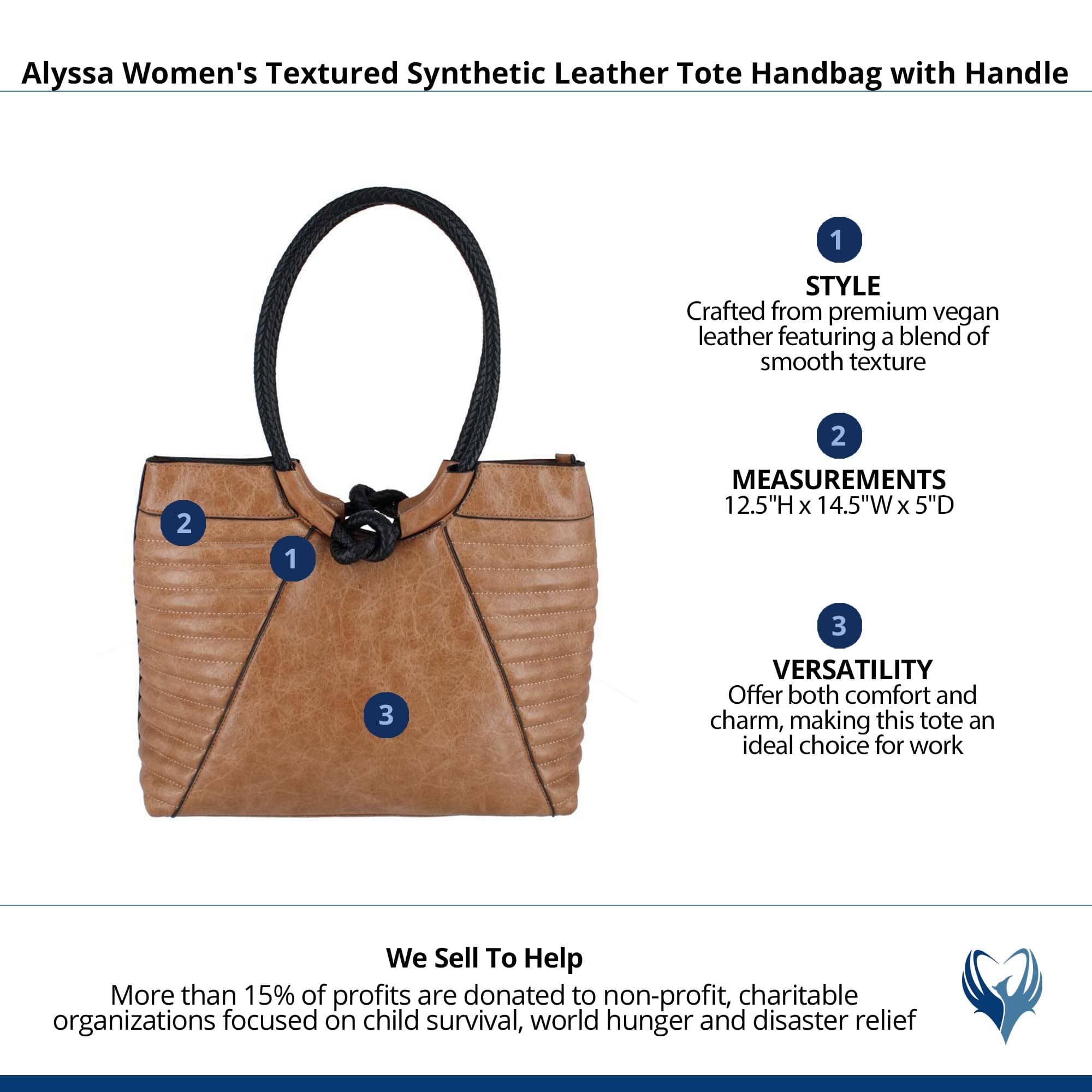 CTM® Women's Textured Synthetic Leather Tote Handbag with Handle - Dark Tan