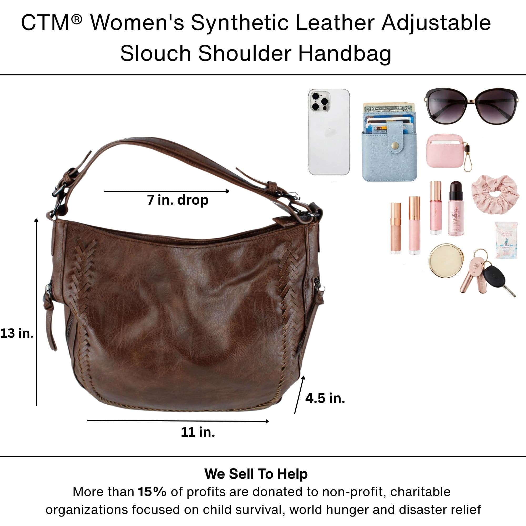 CTM® Women's Synthetic Leather Adjustable Slouch Shoulder Handbag - Brown
