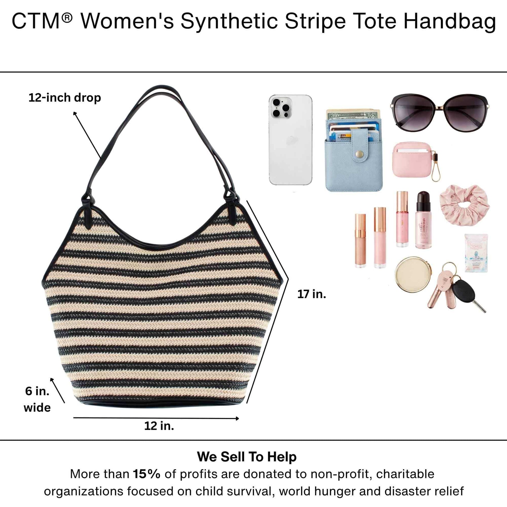 CTM® Women's Synthetic Stripe Tote Handbag - Black