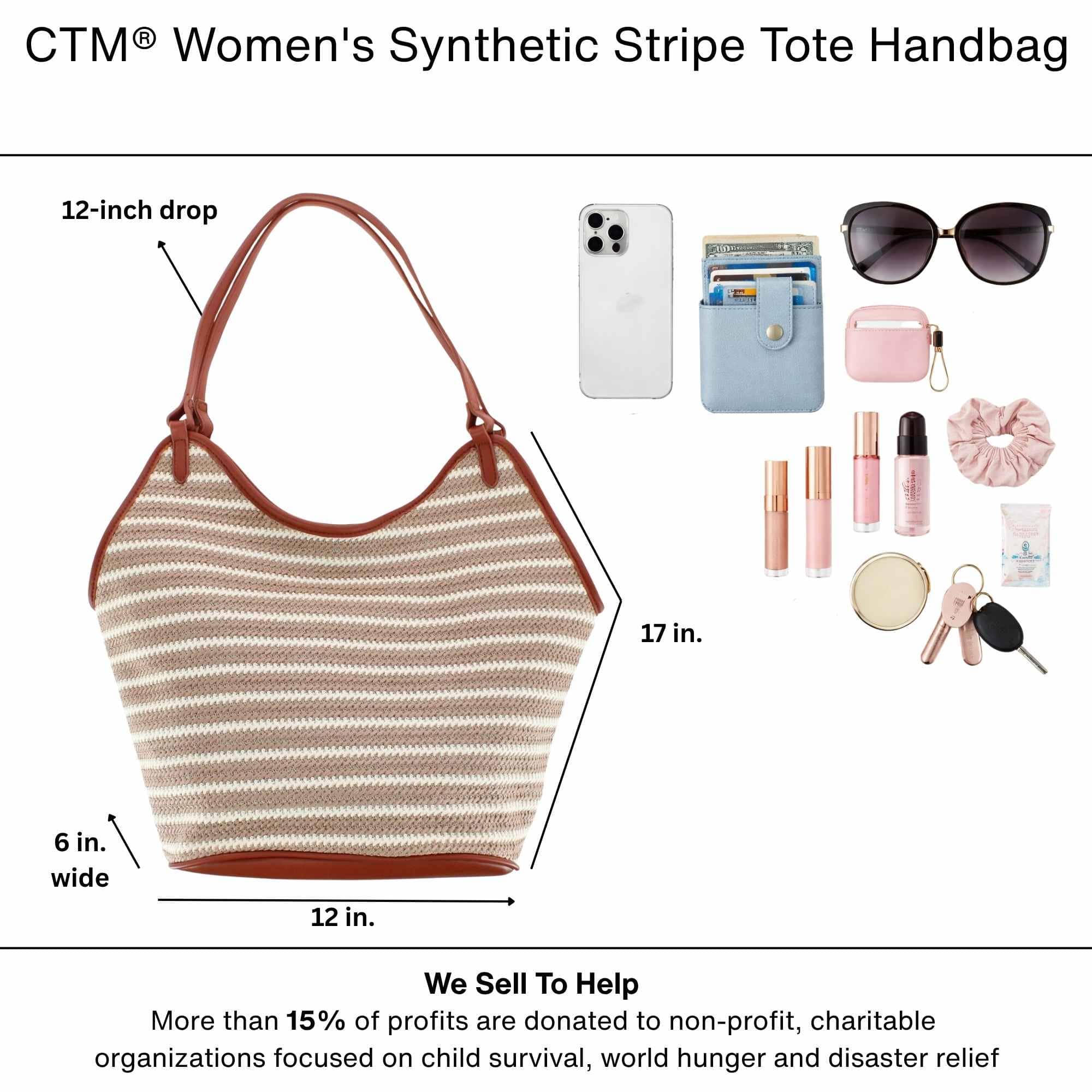 CTM® Women's Synthetic Stripe Tote Handbag - Brown