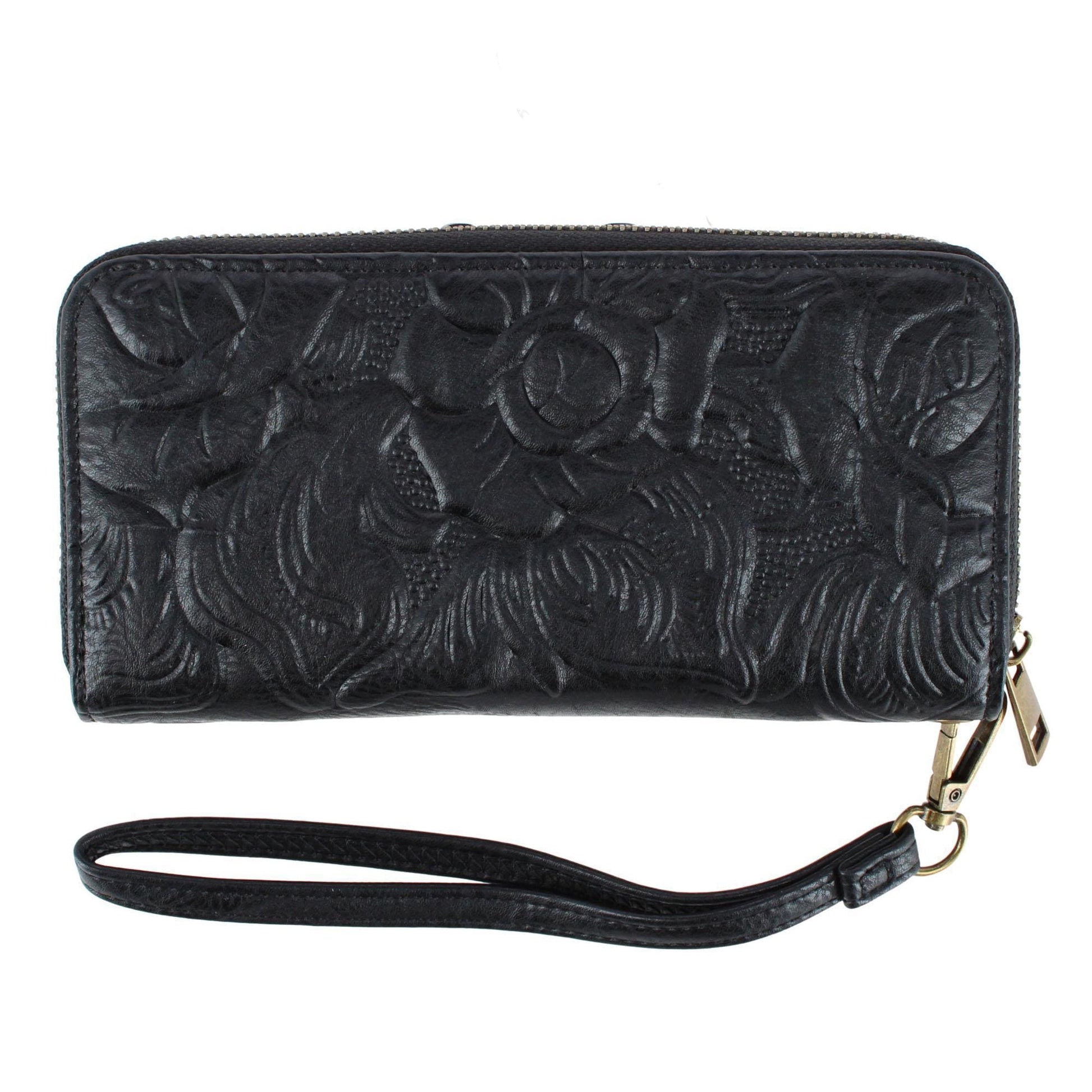 CTM® Women's Floral Embossed Premium Faux LeatherWristlet Wallet - Black