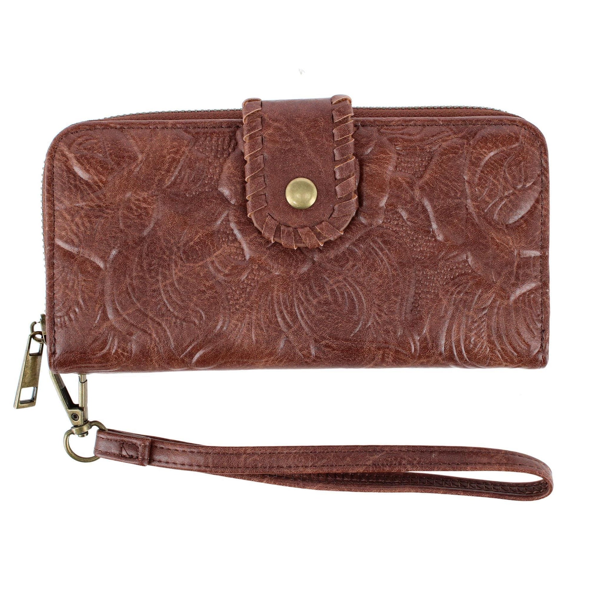 CTM® Women's Floral Embossed Premium Faux LeatherWristlet Wallet - Brown