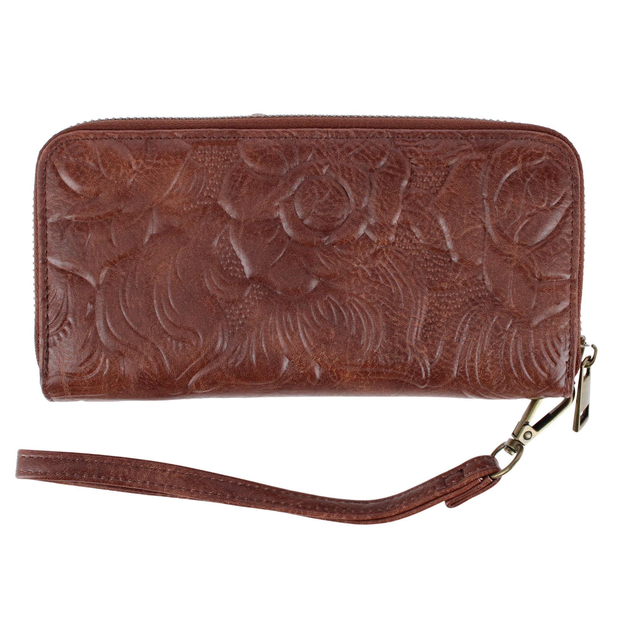 CTM® Women's Floral Embossed Premium Faux LeatherWristlet Wallet - Brown