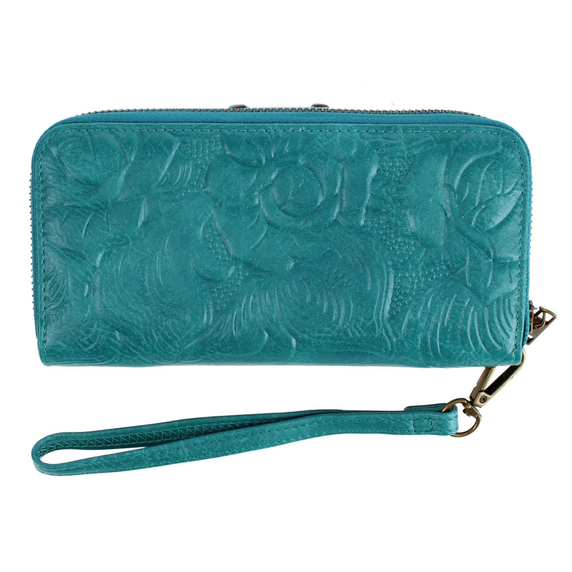 CTM® Women's Floral Embossed Premium Faux LeatherWristlet Wallet - Teal