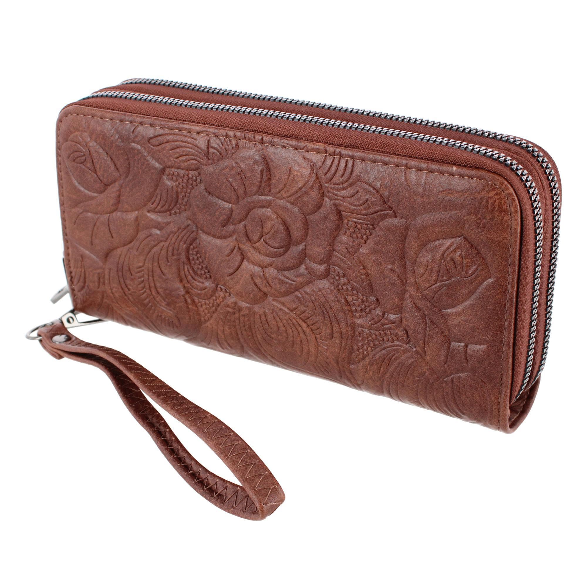 CTM® Women's Premium Faux Leather Zip Around Organizer Wristlet Wallet - Brown