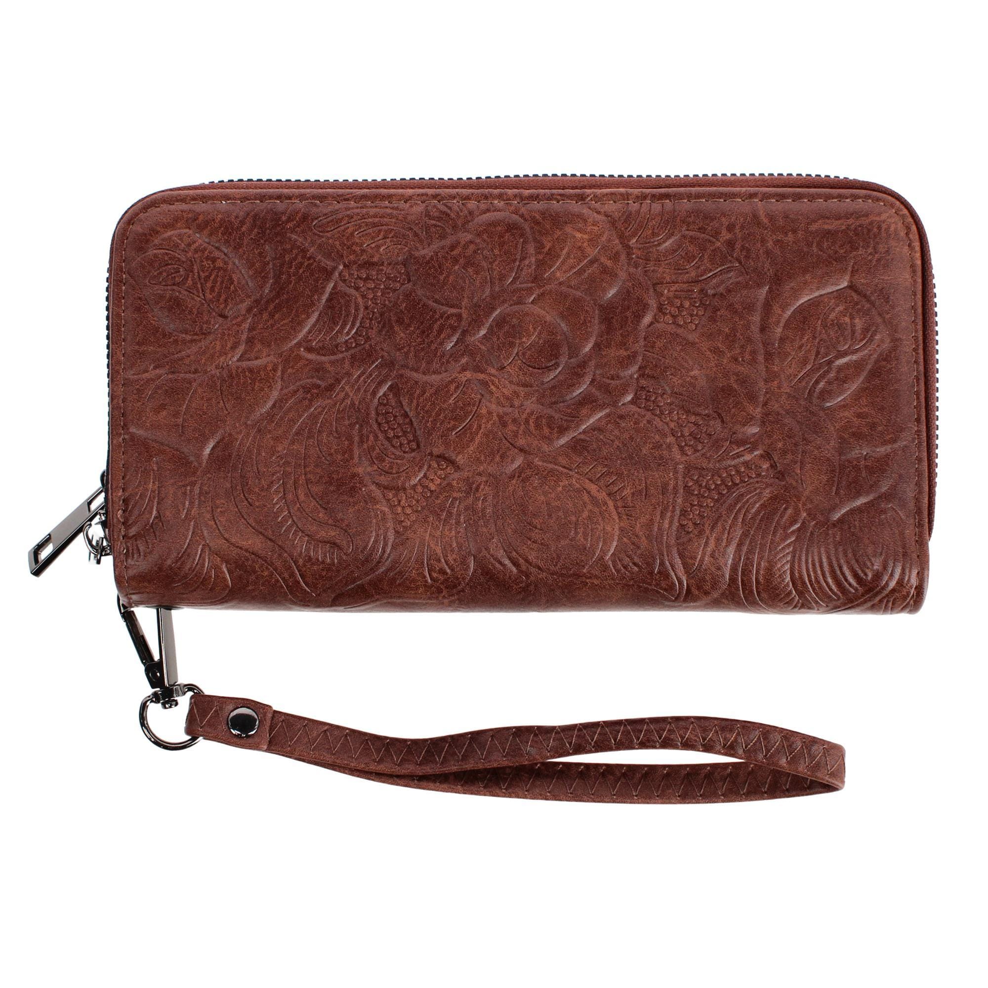CTM® Women's Premium Faux Leather Zip Around Organizer Wristlet Wallet - Brown