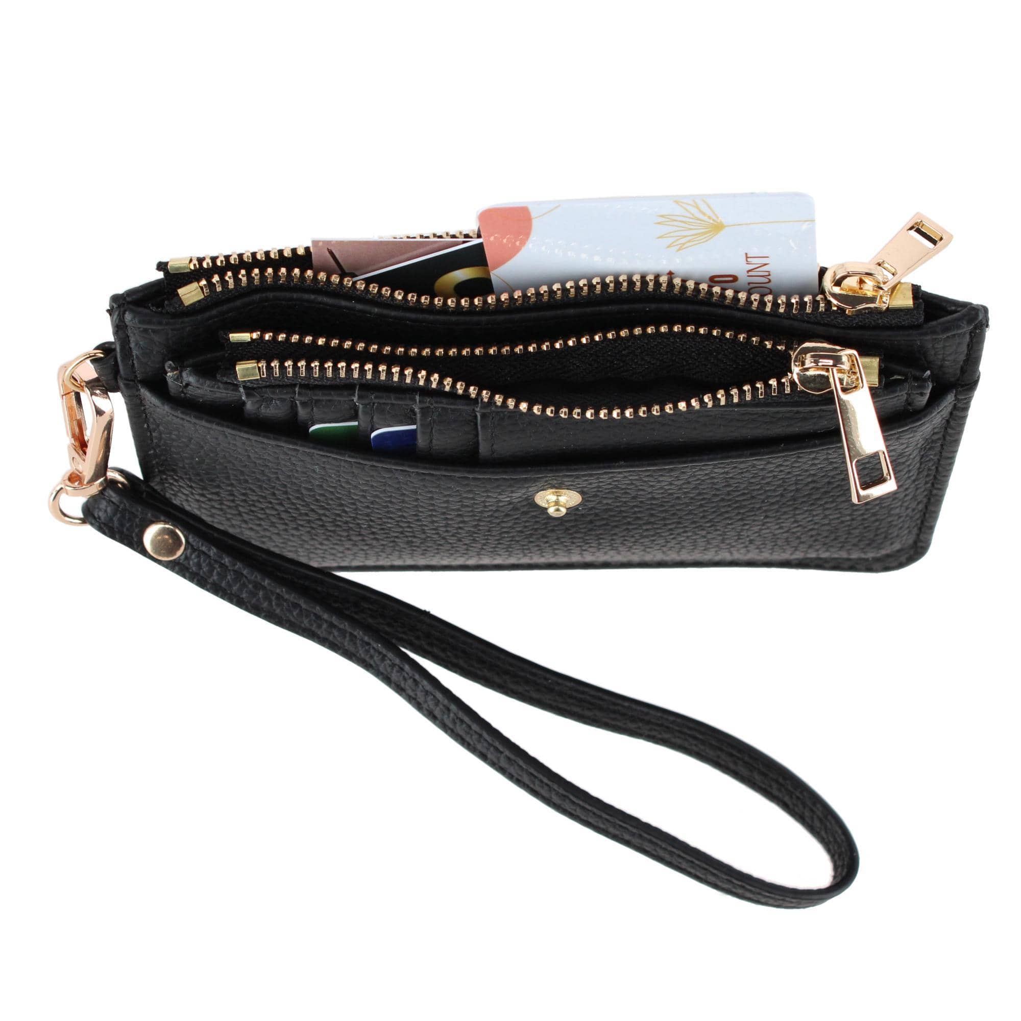 CTM® Women's Premium Faux Leather Solid Color Card Case Wristlet - Black