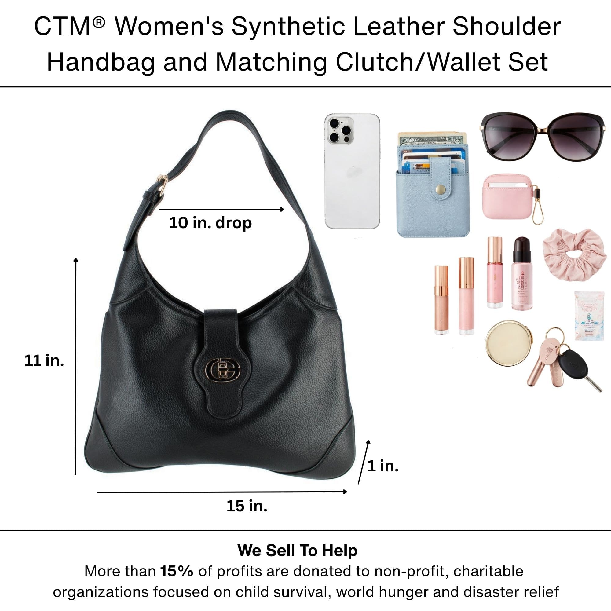 CTM® Women's Synthetic Leather Shoulder Handbag and Matching Clutch Set - Black