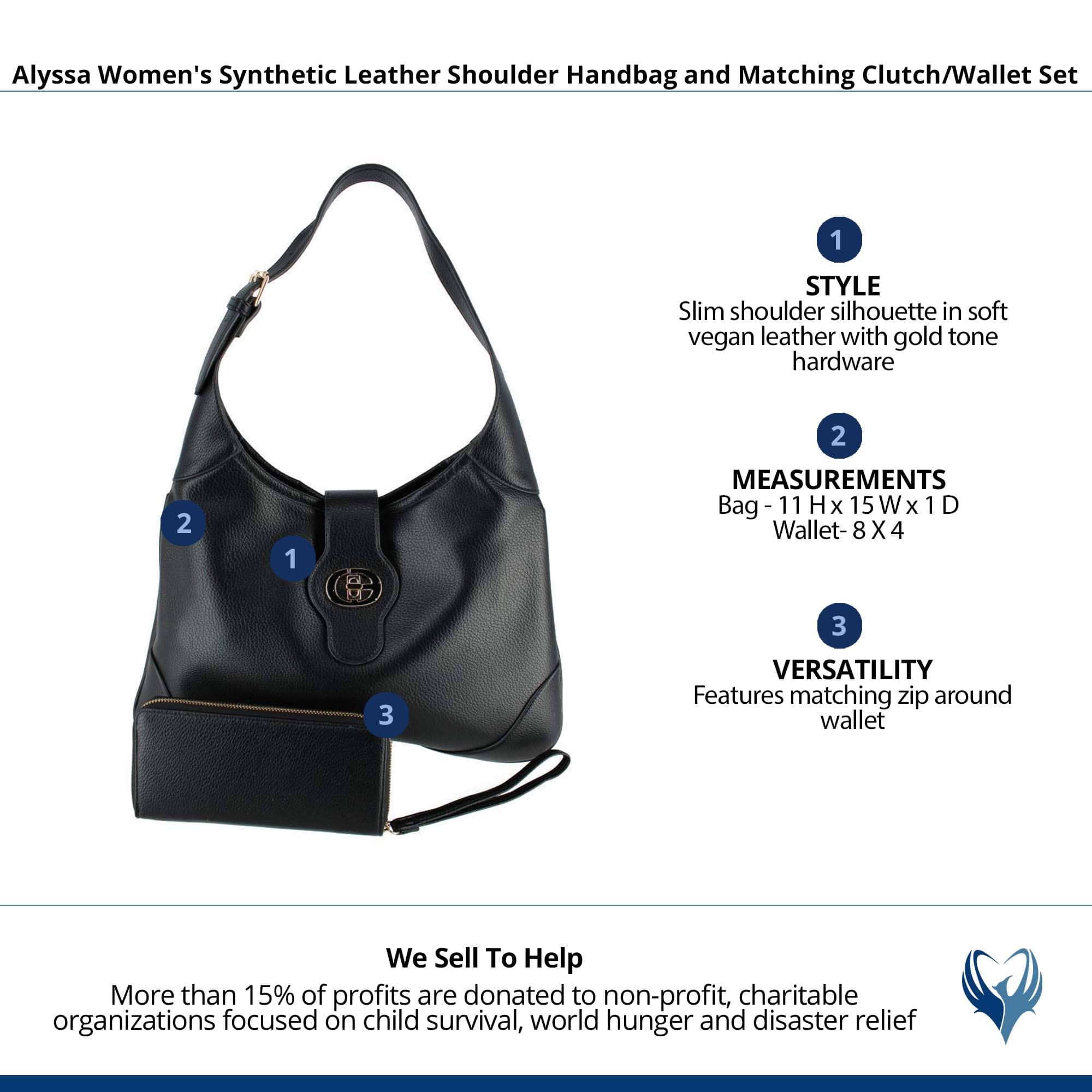 CTM® Women's Synthetic Leather Shoulder Handbag and Matching Clutch Set - Black