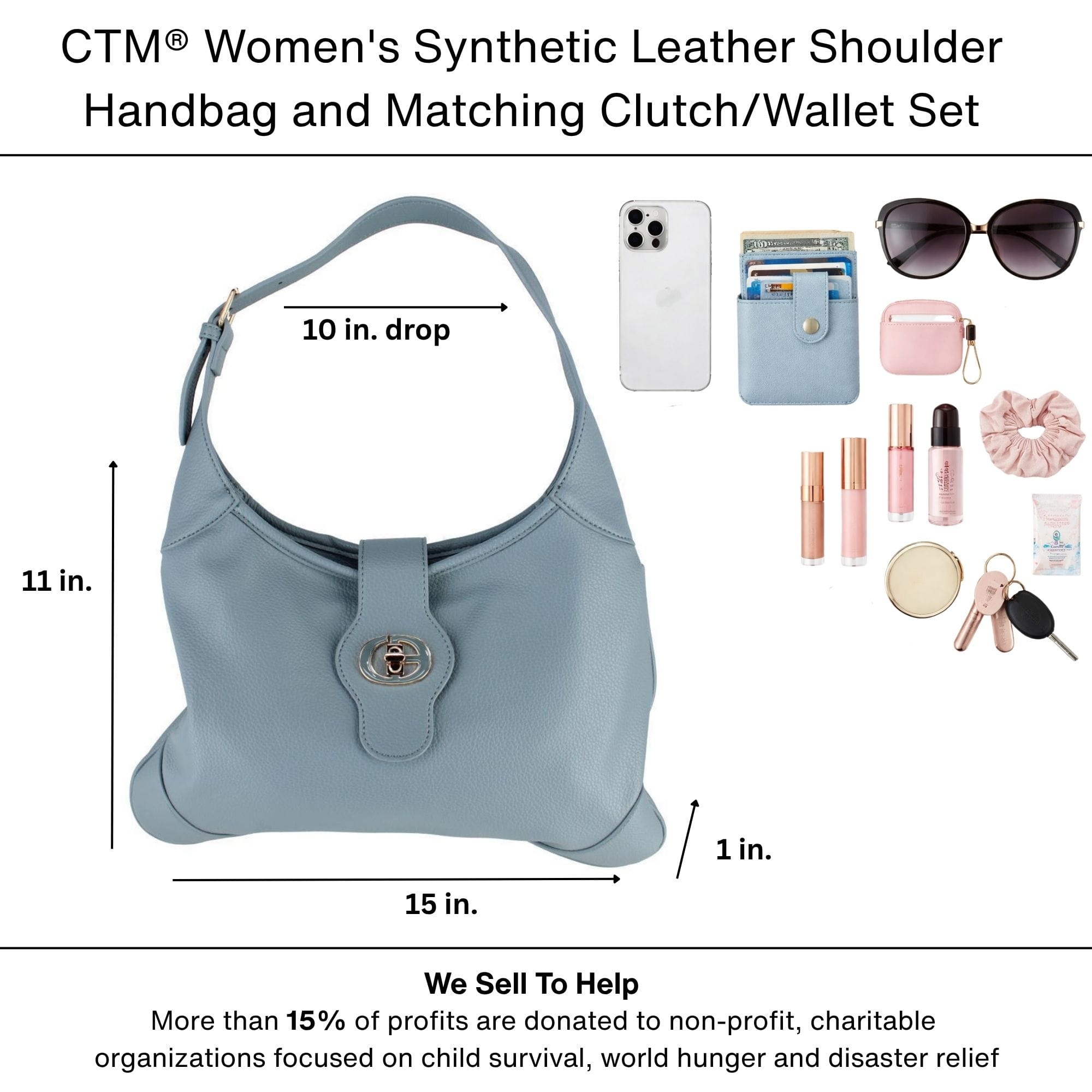 CTM® Women's Synthetic Leather Shoulder Handbag and Matching Clutch Set - Blue Gray