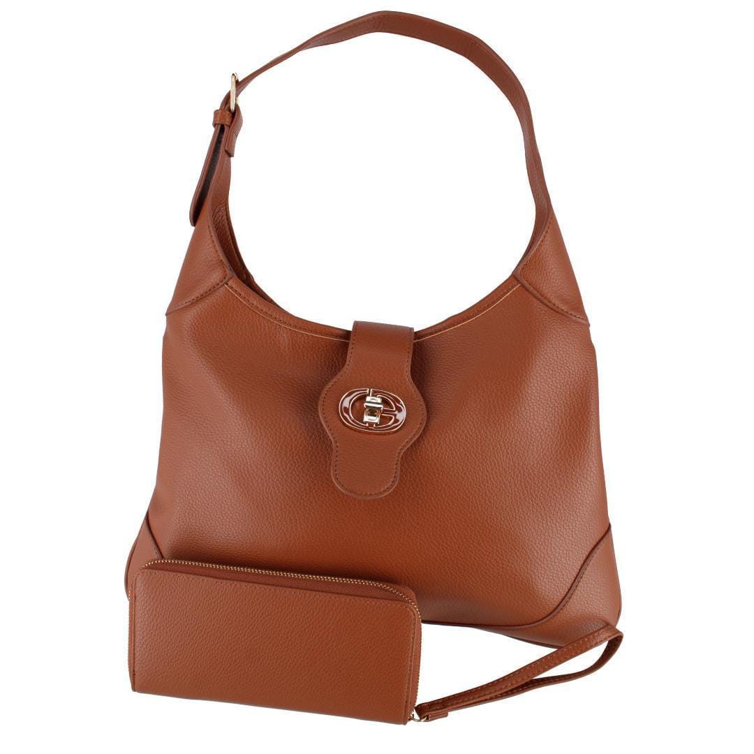CTM® Women's Synthetic Leather Shoulder Handbag and Matching Clutch Set - Brown