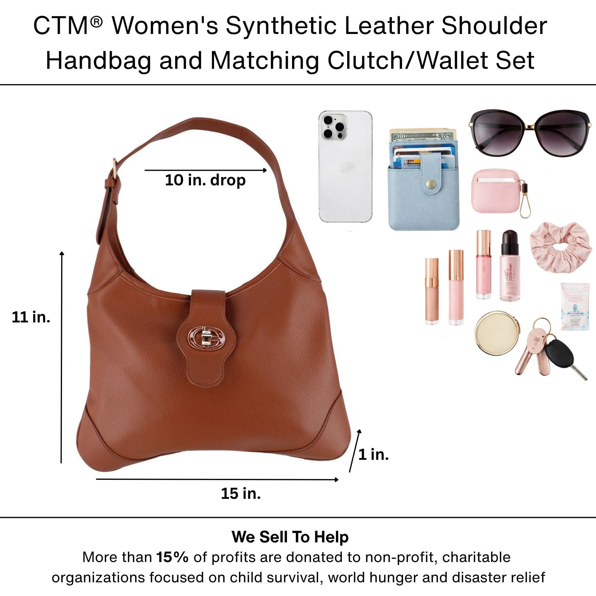 CTM® Women's Synthetic Leather Shoulder Handbag and Matching Clutch Set - Brown