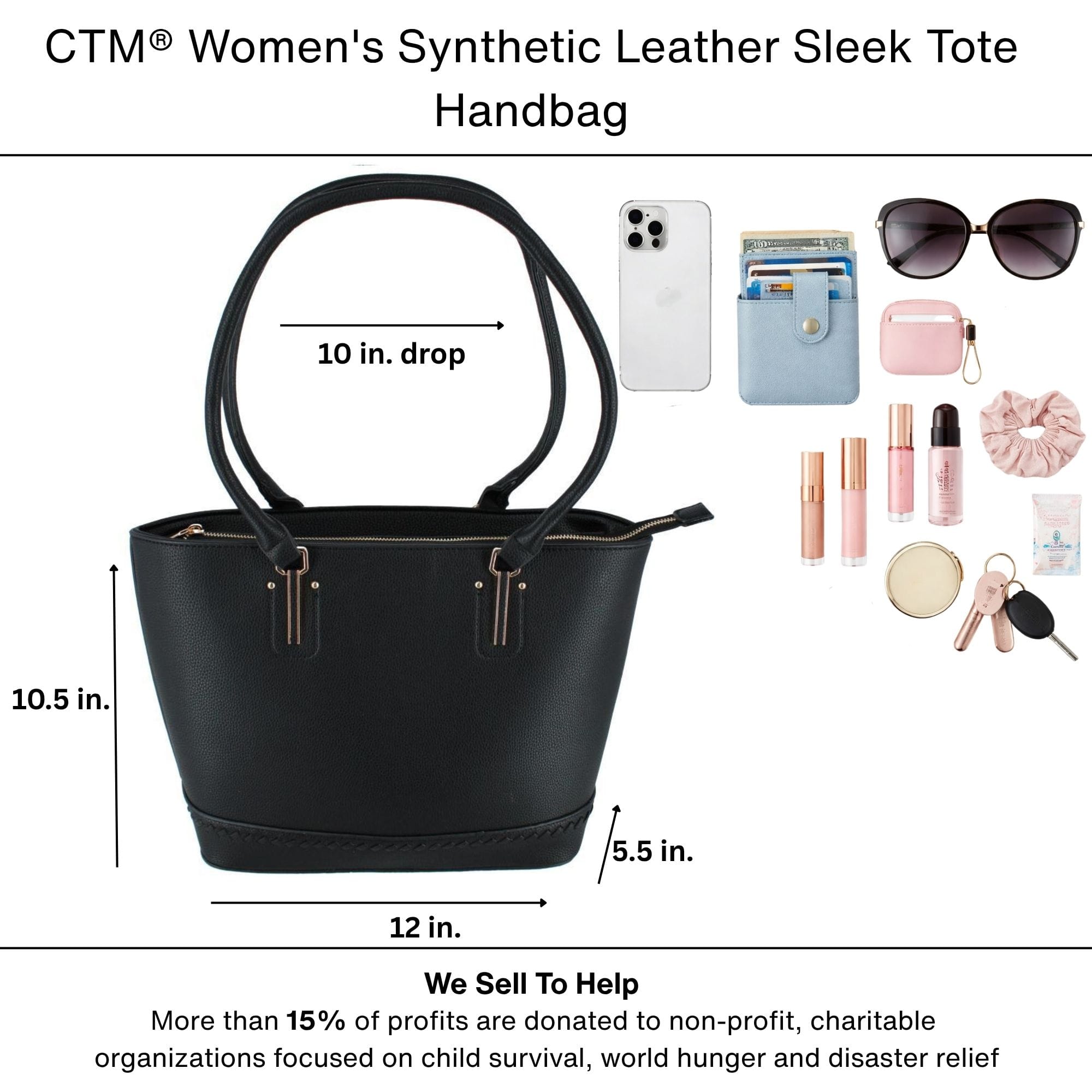 CTM® Women's Synthetic Leather Sleek Tote Handbag - Black