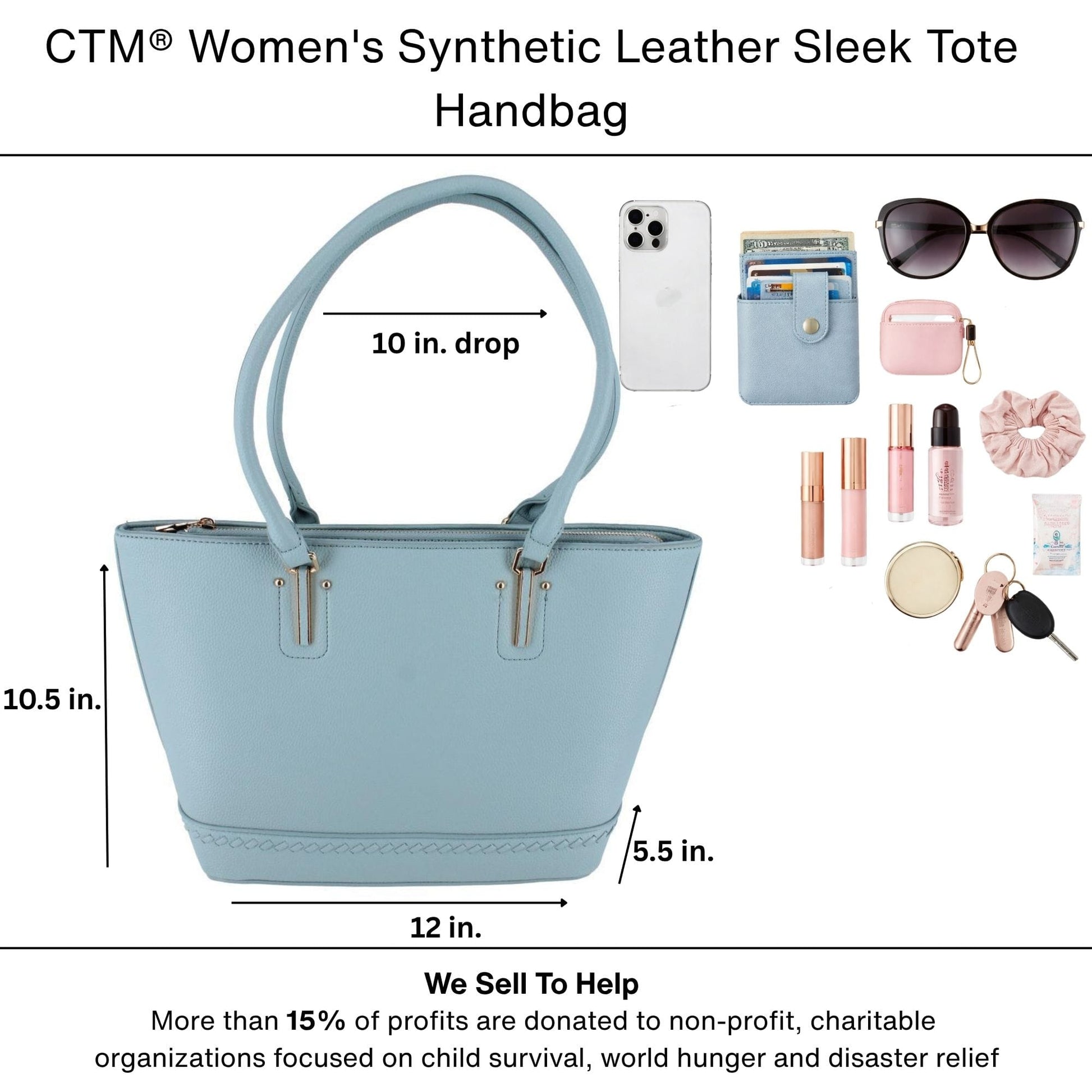 CTM® Women's Synthetic Leather Sleek Tote Handbag - Light Blue