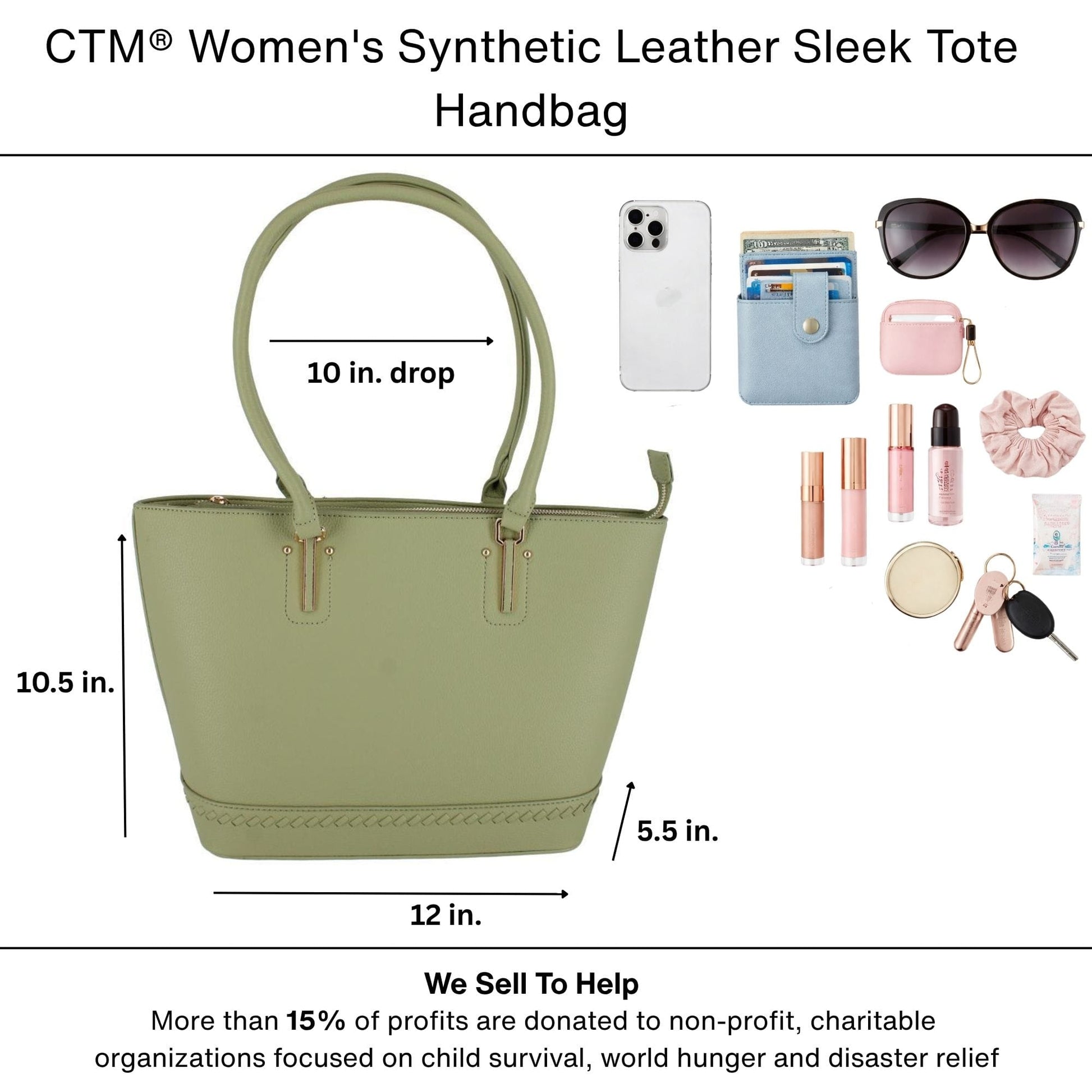 CTM® Women's Synthetic Leather Sleek Tote Handbag - Sage Green