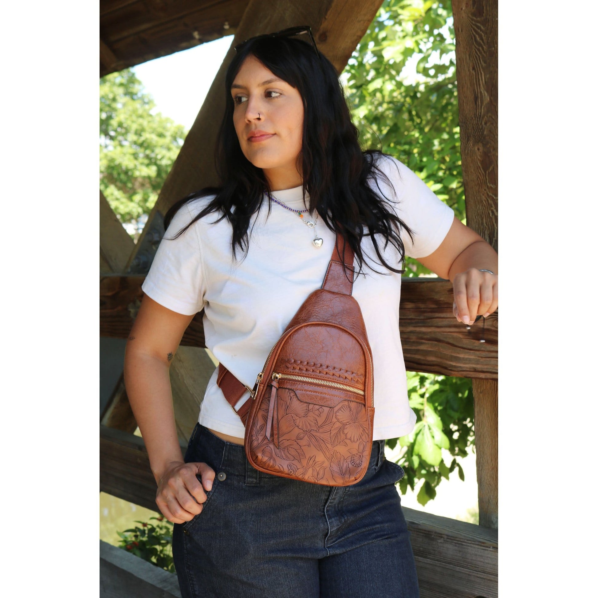 CTM® Women's Western Tooled Sling Crossbody Pack - Brown