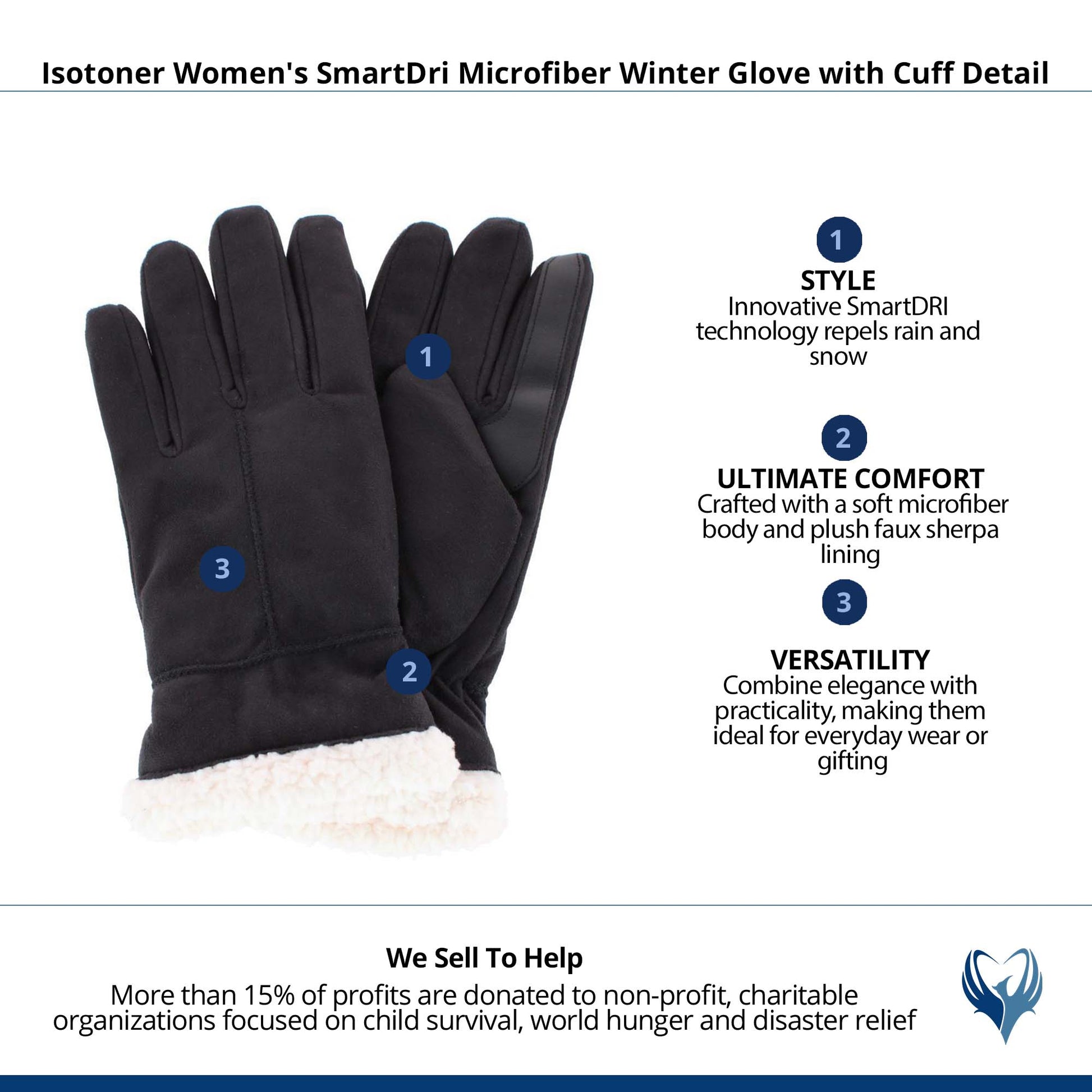 Isotoner Women's SmartDri Microfiber Winter Glove with Cuff Detail - Black