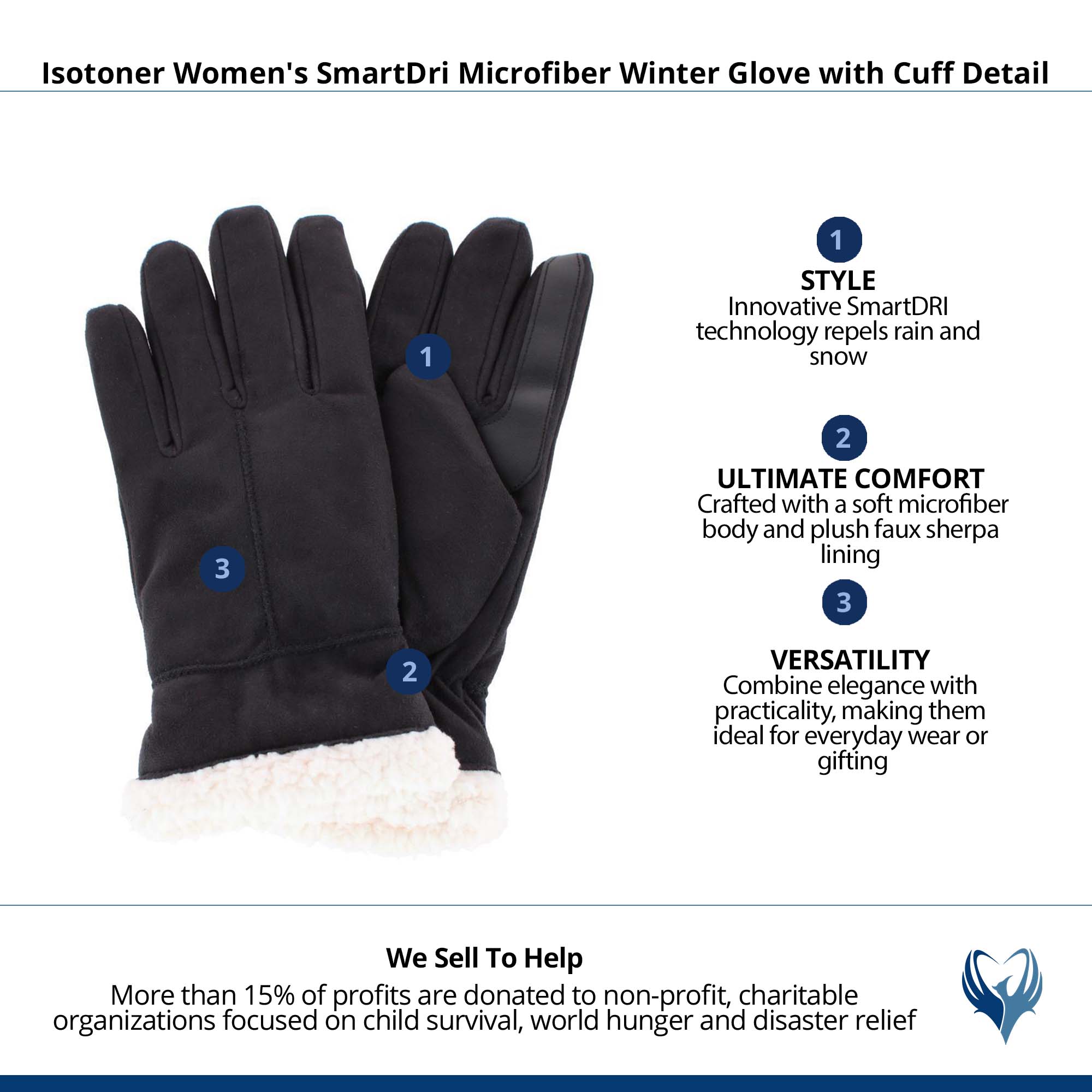 Isotoner Women's SmartDri Microfiber Winter Glove with Cuff Detail - Black