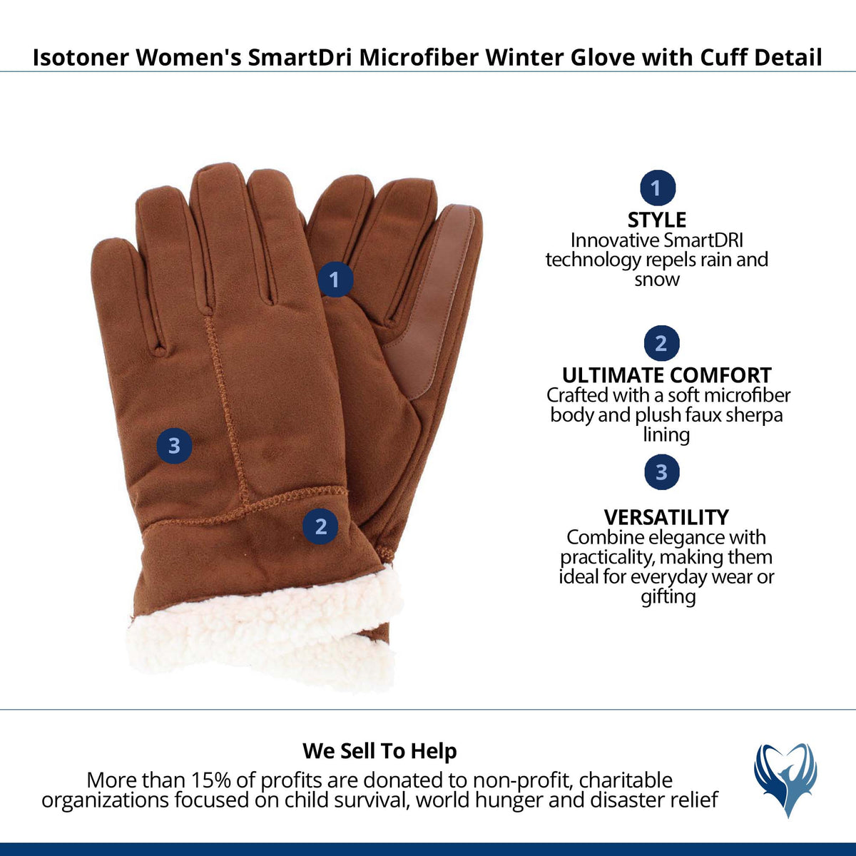 Isotoner Women's SmartDri Microfiber Winter Glove with Cuff Detail - Cognac