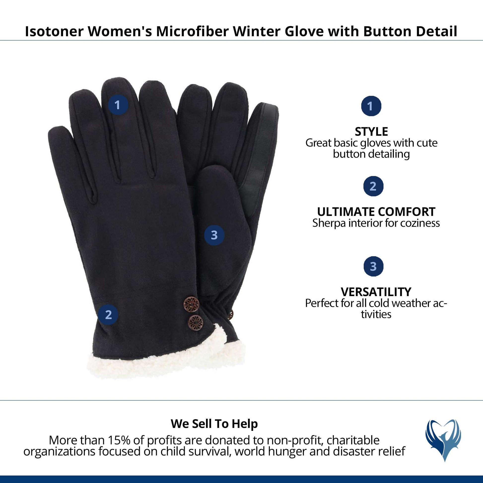 Isotoner Women's Microfiber Winter Glove with Button Detail - Black
