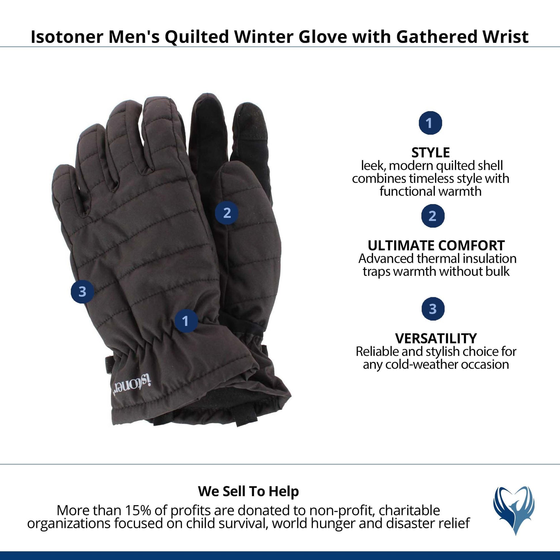 Isotoner Men's Quilted Winter Glove with Gathered Wrist - Black