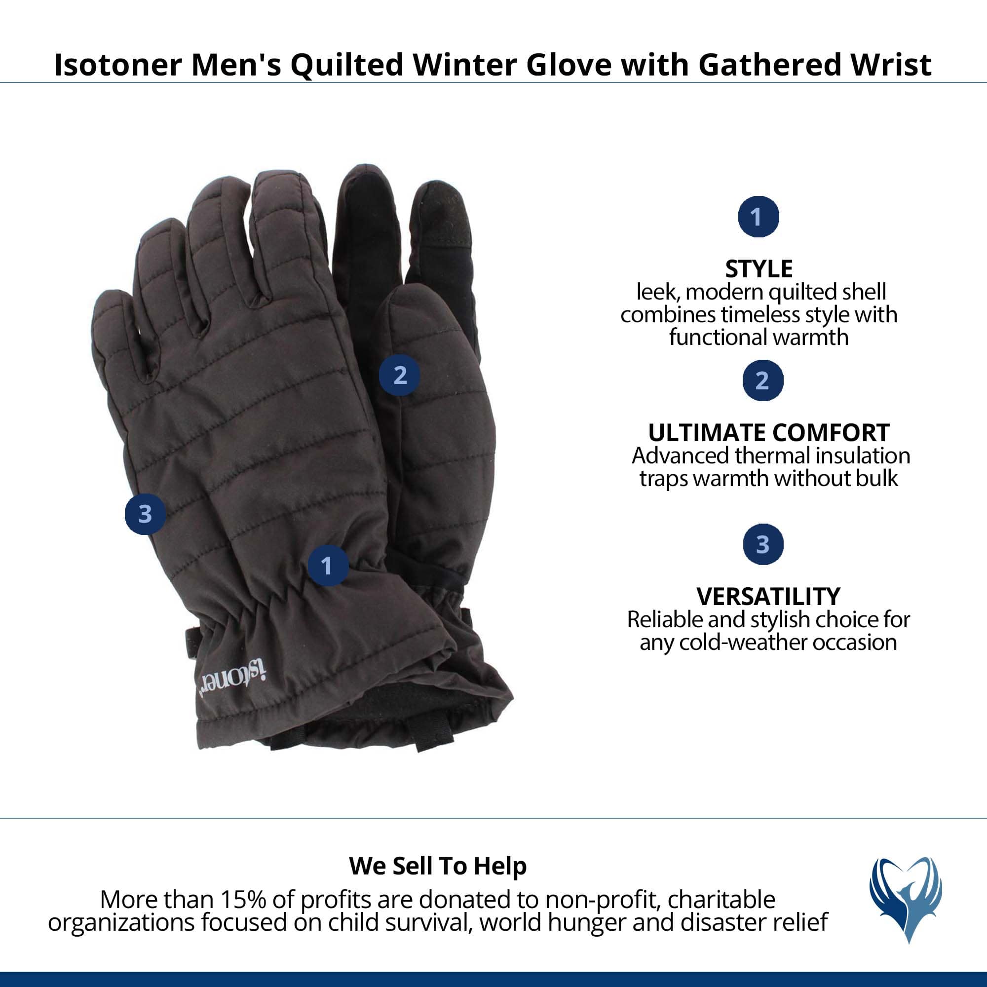 Isotoner Men's Quilted Winter Glove with Gathered Wrist - Black