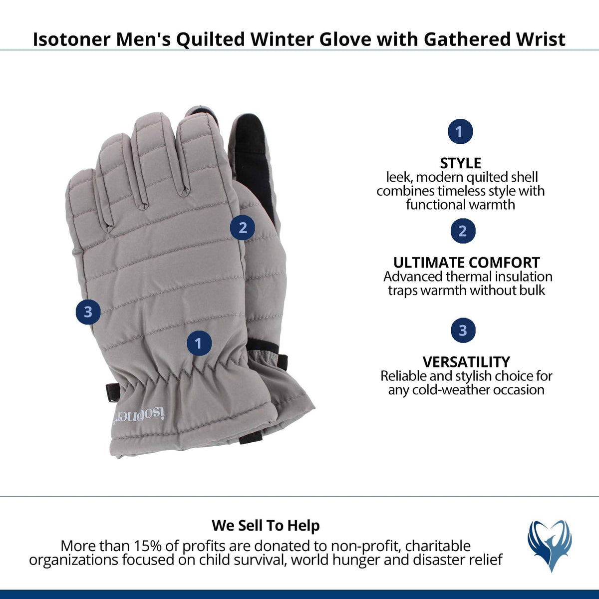 Isotoner Men's Quilted Winter Glove with Gathered Wrist - Ash Gray