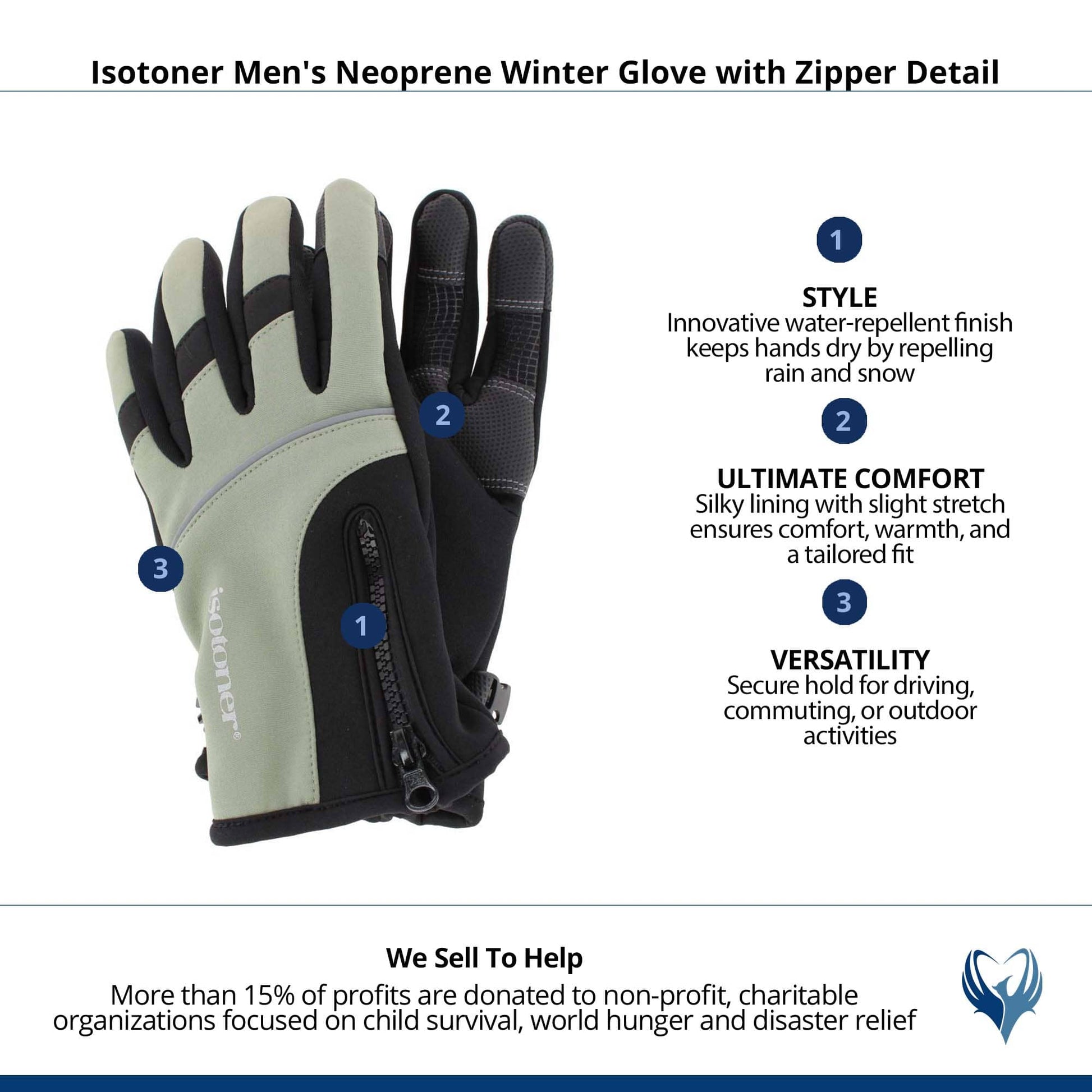 Isotoner Men's Neoprene Winter Glove with Zipper Detail - Olive Green