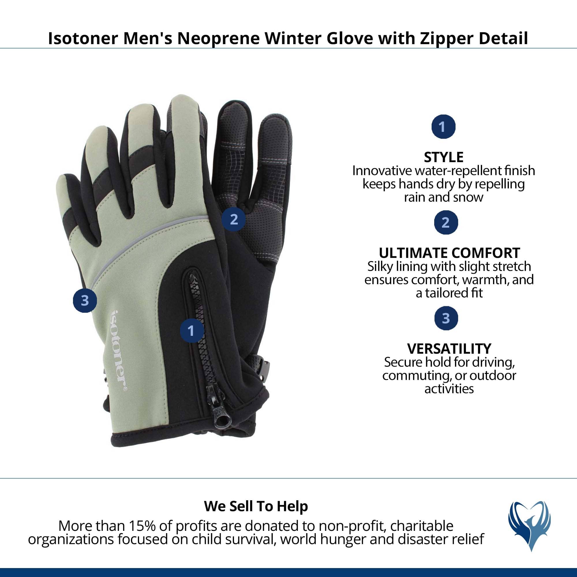 Isotoner Men's Neoprene Winter Glove with Zipper Detail - Olive Green