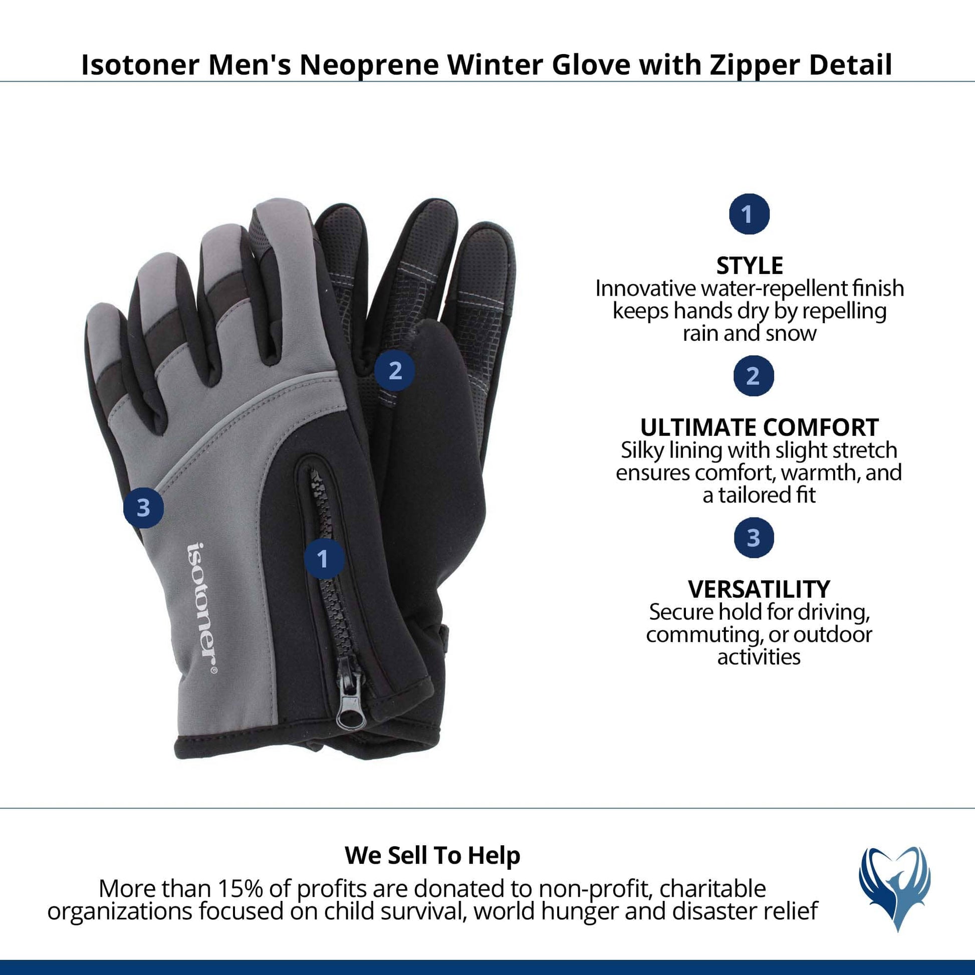 Isotoner Men's Neoprene Winter Glove with Zipper Detail - Mineral Gray