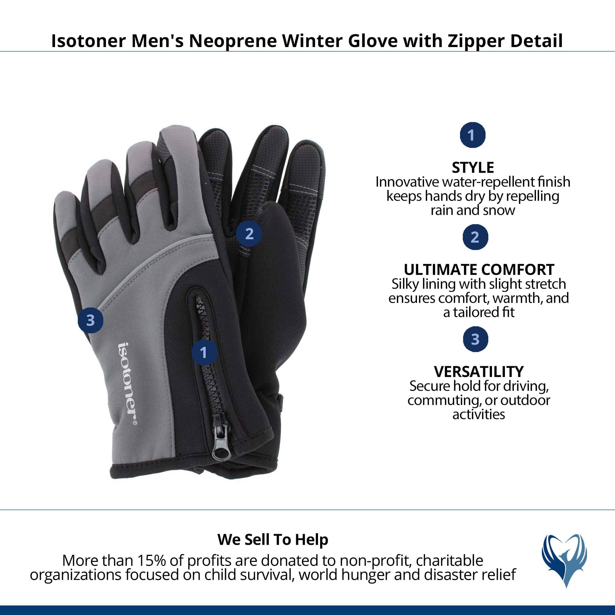 Isotoner Men's Neoprene Winter Glove with Zipper Detail - Mineral Gray