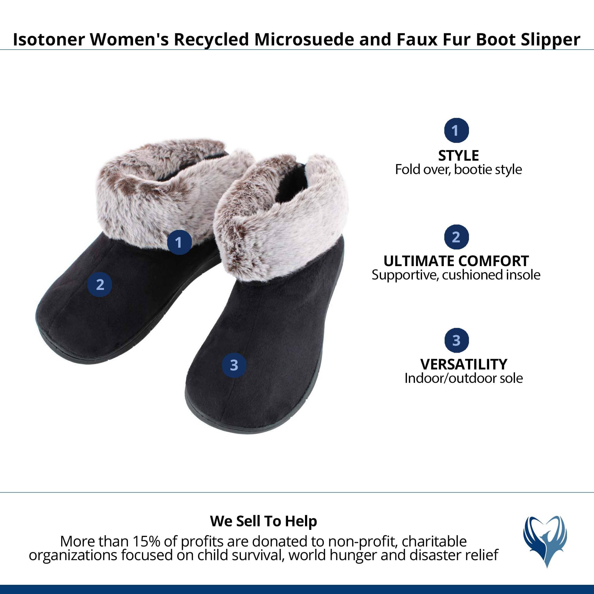 Isotoner Women's Recycled Microsuede and Faux Fur Boot Slipper - Black