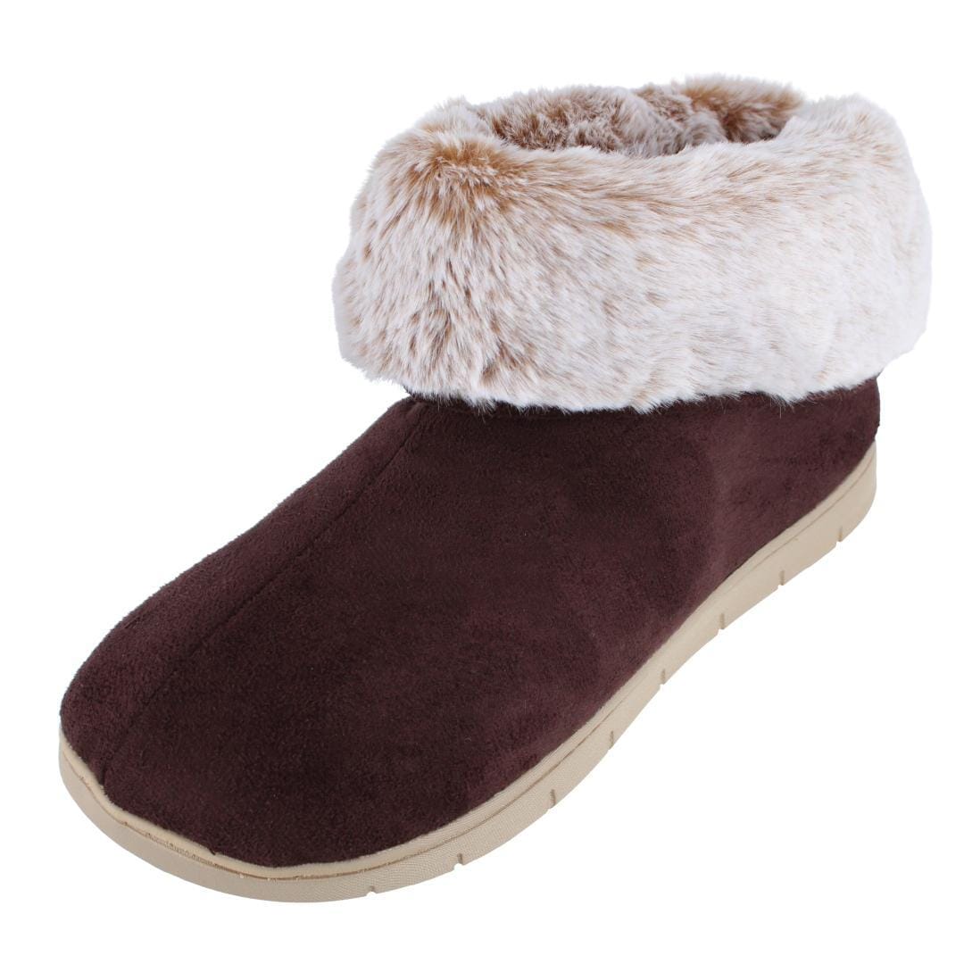 Isotoner Women's Recycled Microsuede and Faux Fur Boot Slipper - Dark Chocolate